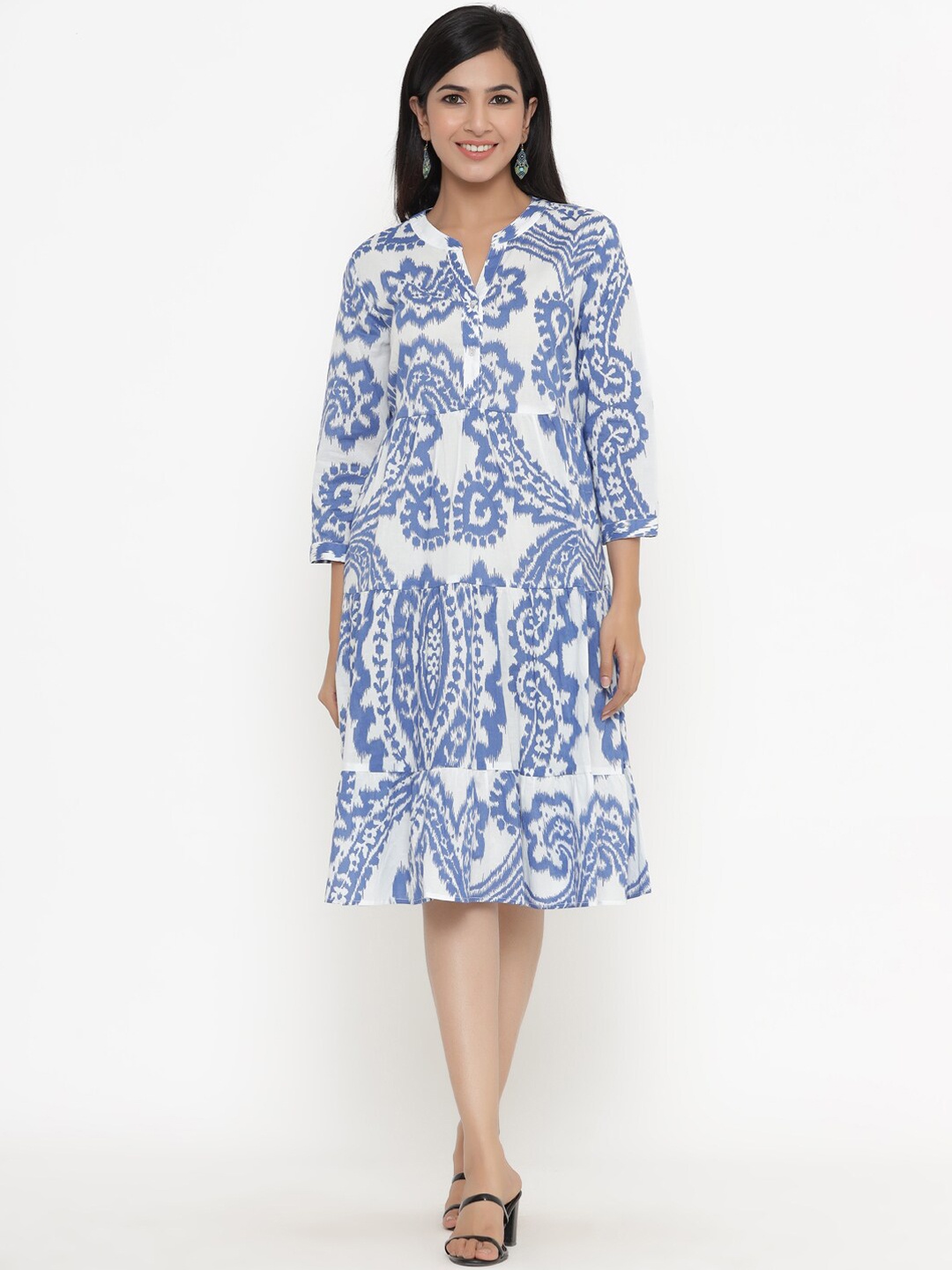 

Readiprint Fashions White & Blue Ethnic Motifs Printed A-Line Midi Dress