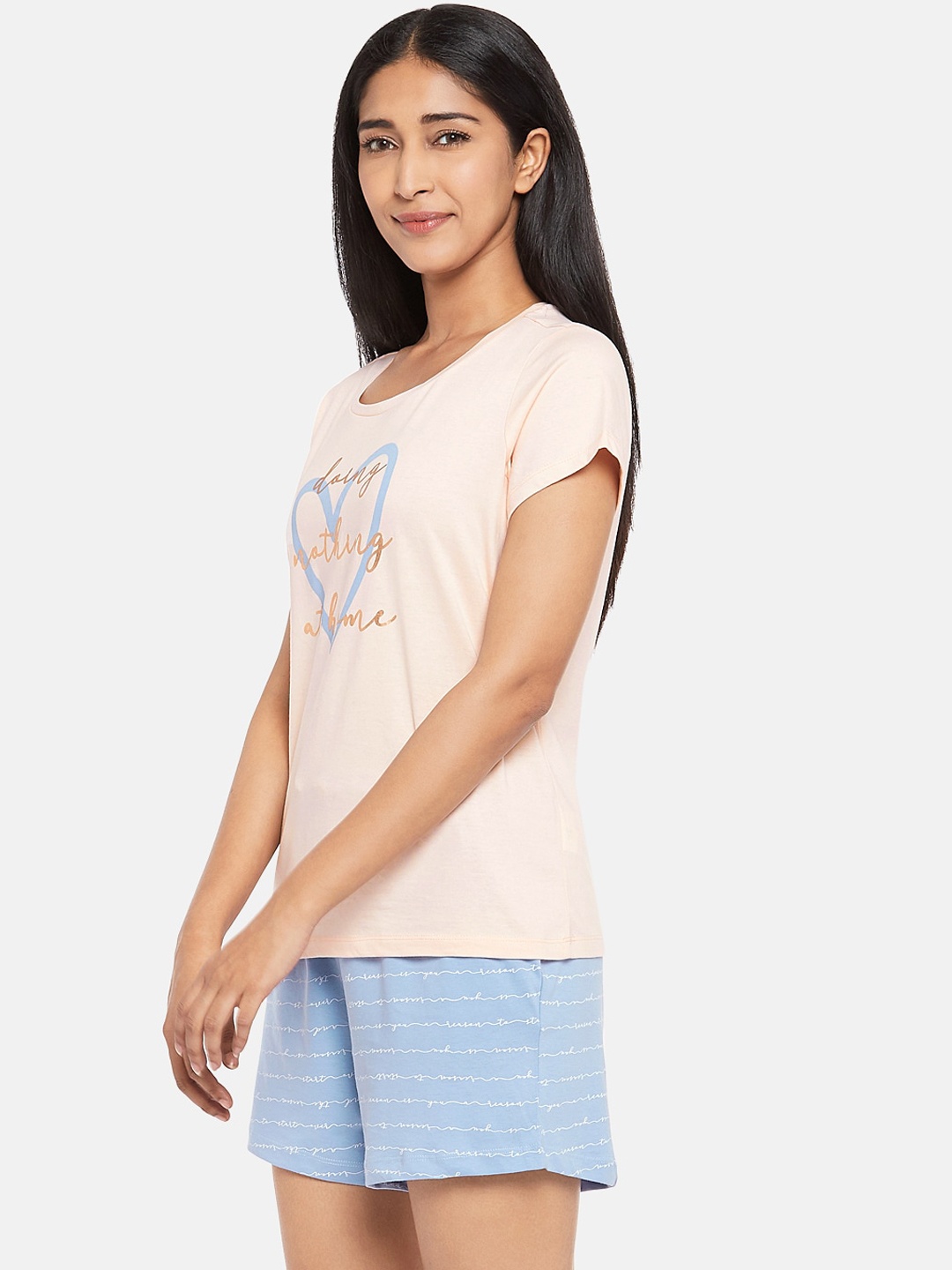 

Dreamz by Pantaloons Women Peach & Turquoise Blue Printed Night suit