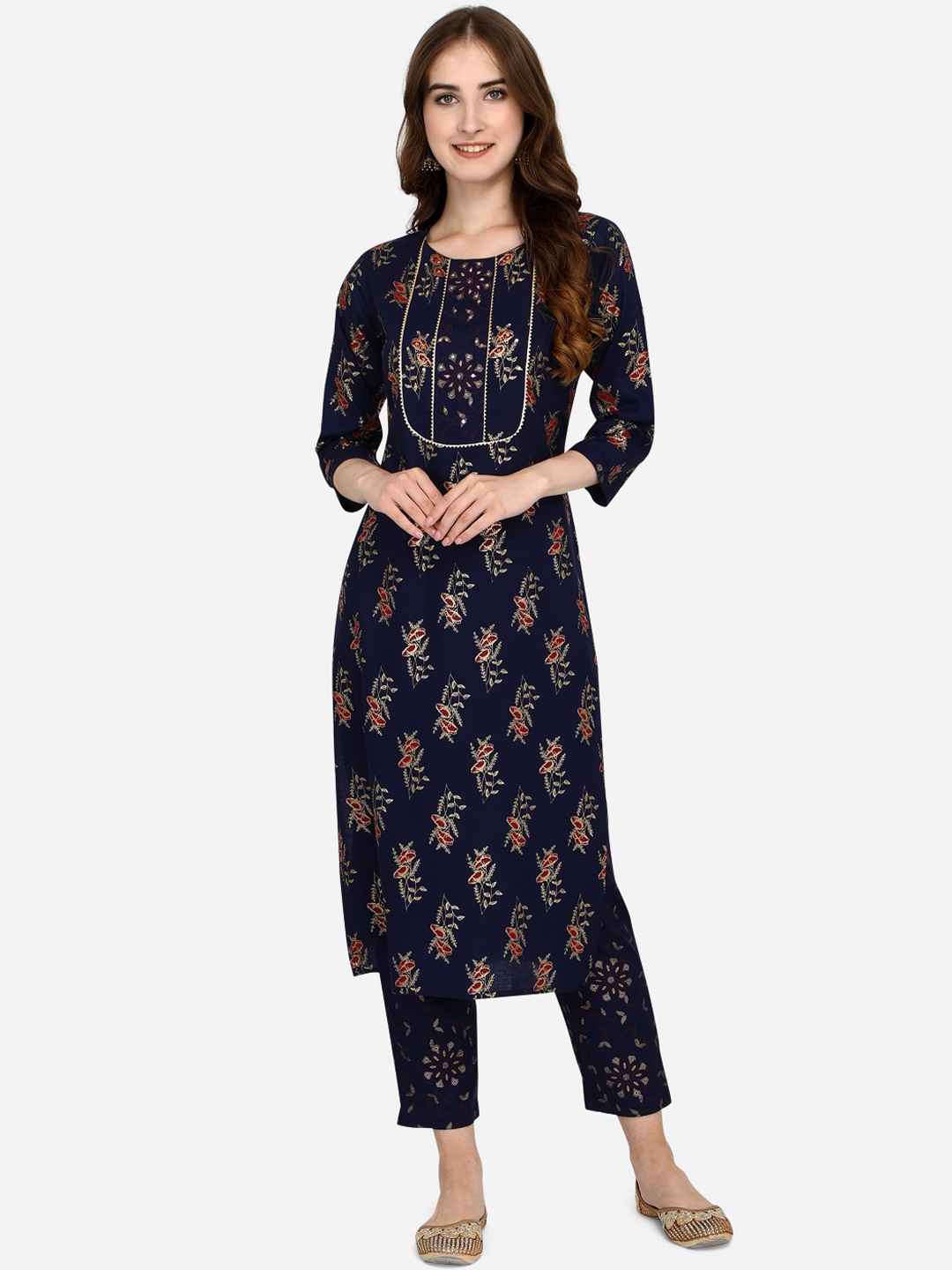 

RAISIN Women Navy Blue Ethnic Motifs Printed Gotta Patti Liva Kurta with Trousers