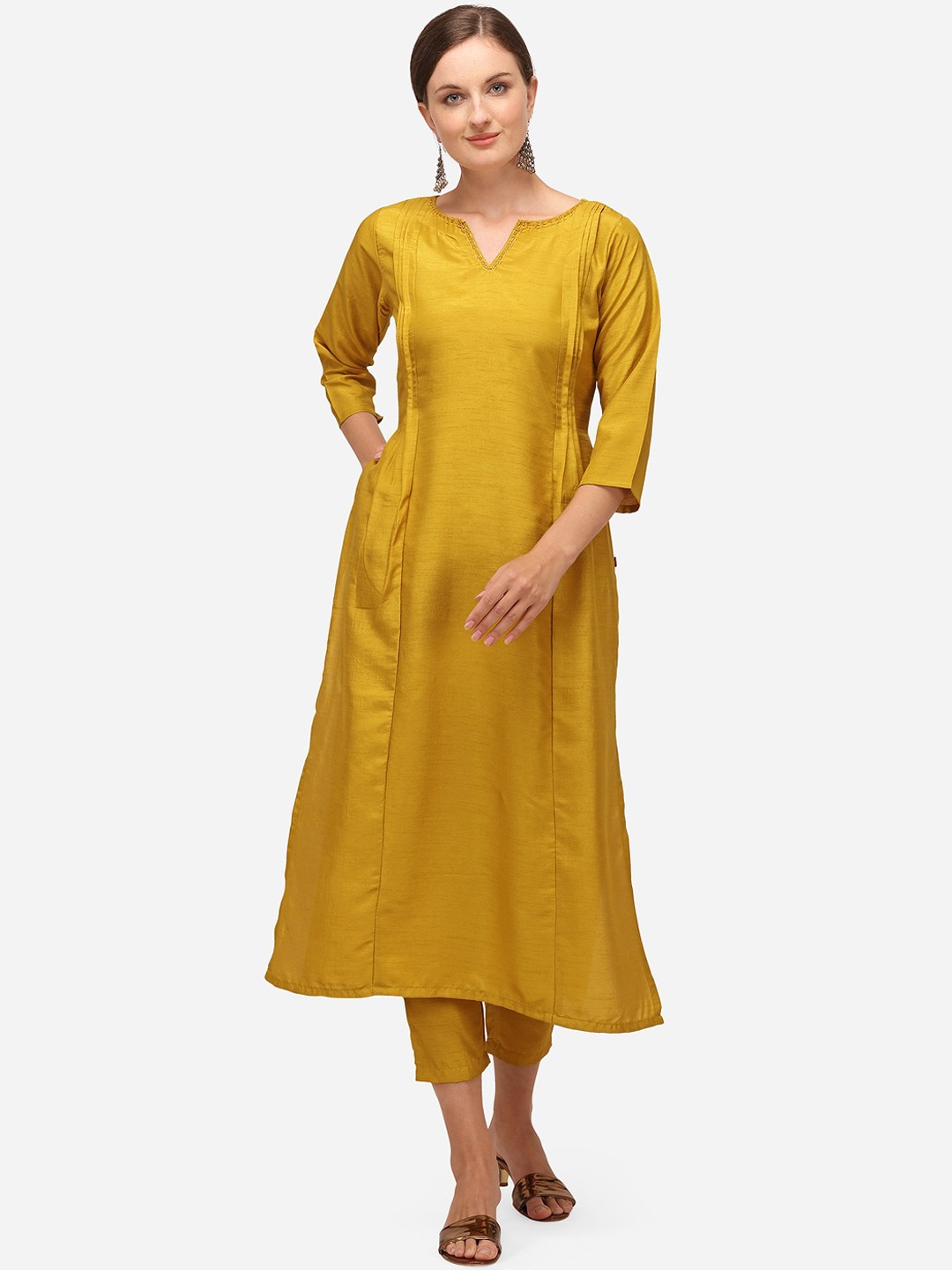 

RAISIN Women Mustard Yellow Pleated Kurta with Trousers