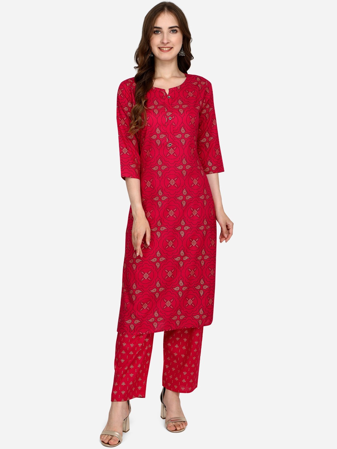 

RAISIN Women Pink Ethnic Motifs Printed Regular Liva Kurti with Trousers