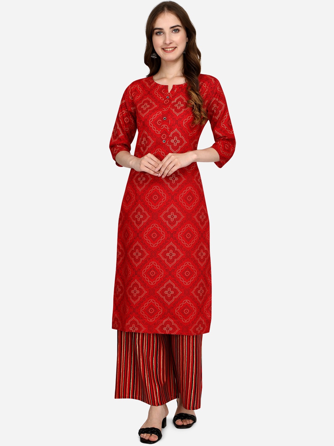 

RAISIN Women Red Ethnic Motifs Printed Liva Straight Kurta with Palazzos