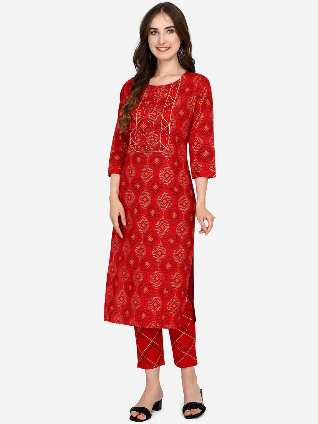 

RAISIN Women Red Ethnic Motifs Printed Gotta Patti Liva Kurta with Trousers