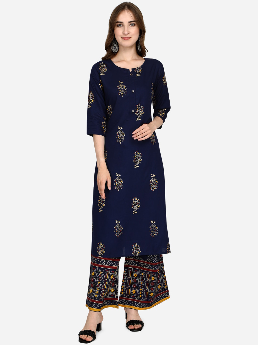 

RAISIN Women Navy Blue Floral Printed Regular Liva Kurta with Palazzos