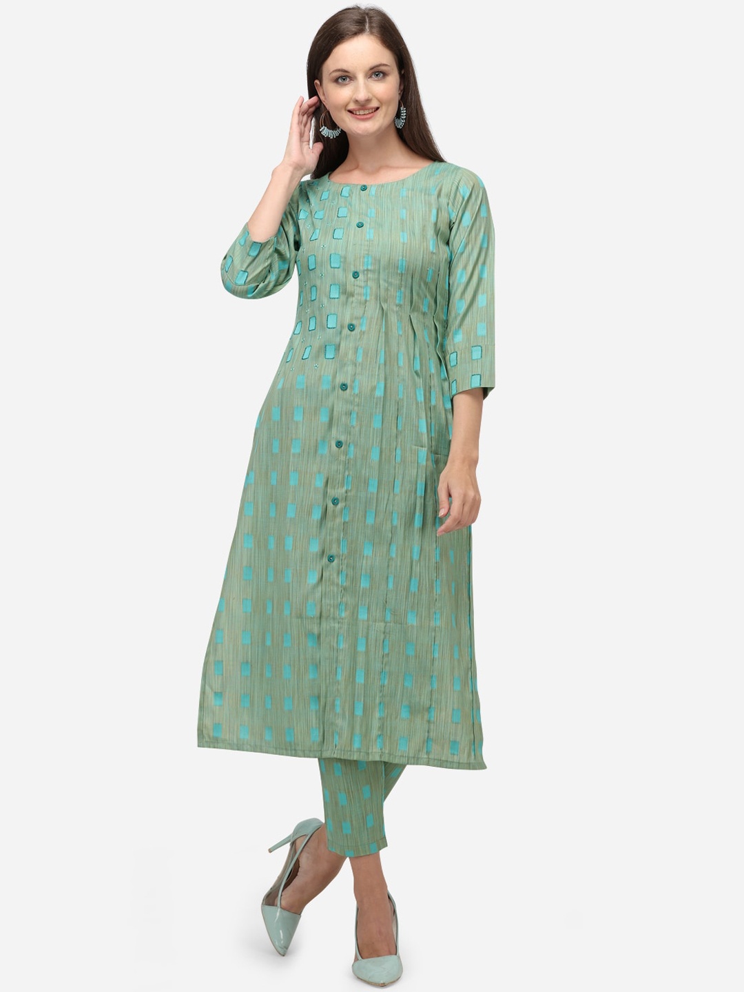 

RAISIN Women Turquoise Blue Printed Regular Liva Kurti with Trousers