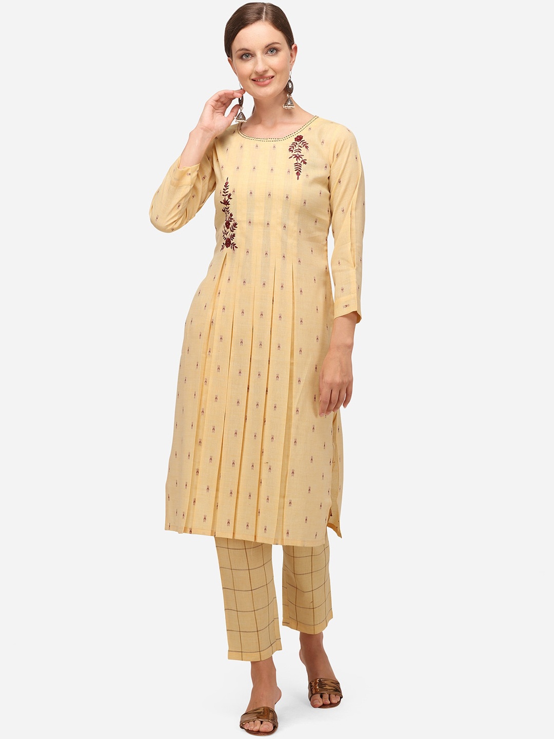 

RAISIN Women Mustard Yellow Embroidered Regular Liva Kurta with Trousers