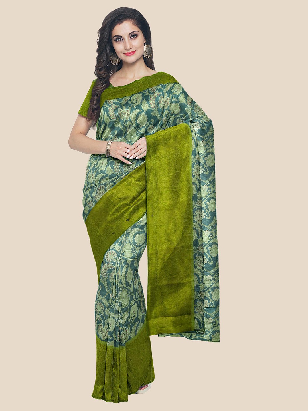 

Kalamandir Green & Off White Floral Printed Silk Blend Banarasi Saree