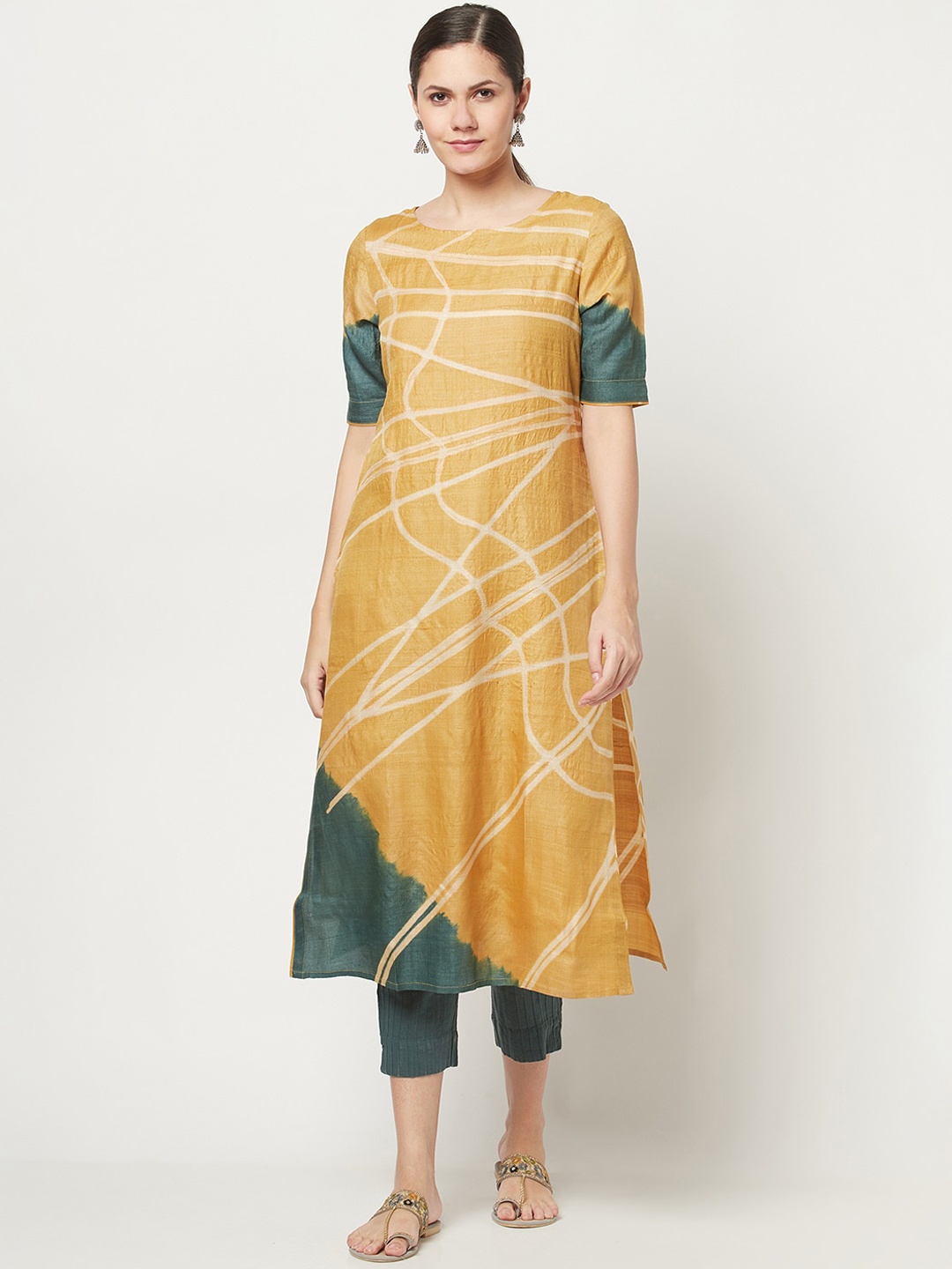 

Fabindia Women Mustard Yellow Printed Regular Pure Silk Kurta with Trousers
