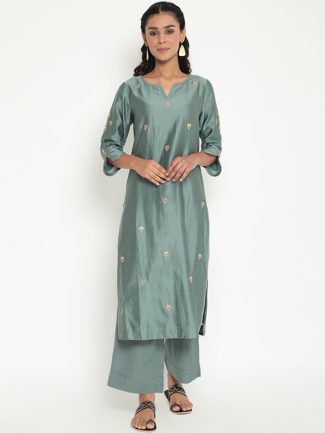 

Fabindia Women Green Floral Embroidered Layered Kurti with Salwar