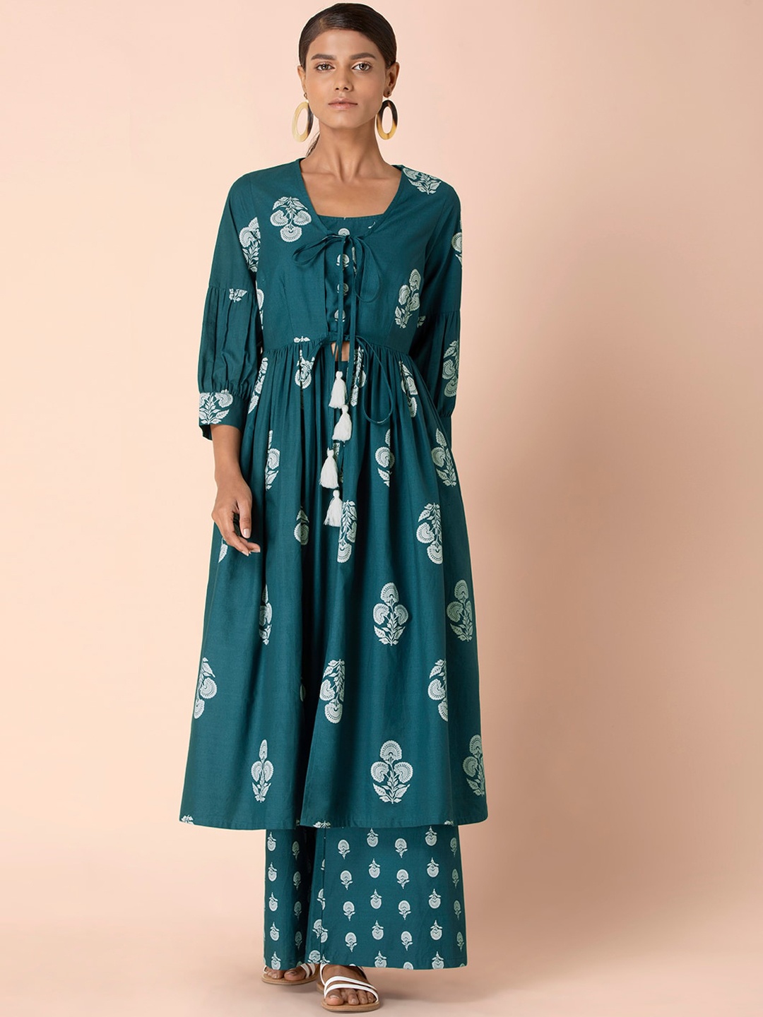 

Earthen BY INDYA Women Green Pleated Pure Cotton Top with Palazzos & Jacket