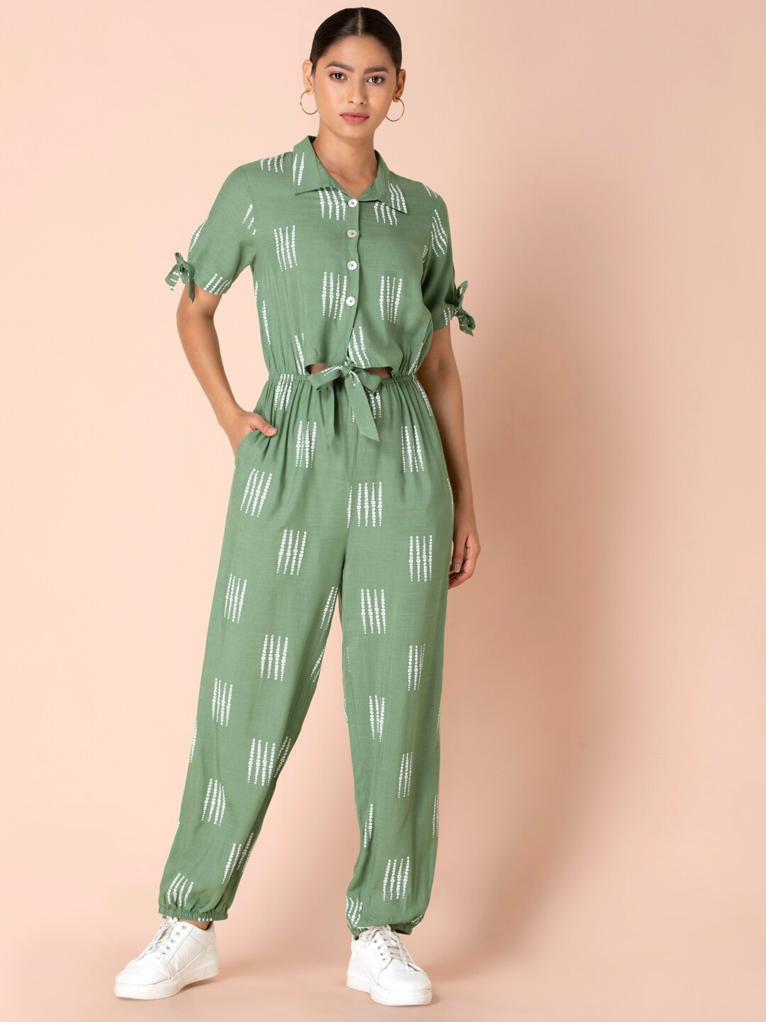 

Earthen BY INDYA Green & Green Printed Basic Jumpsuit
