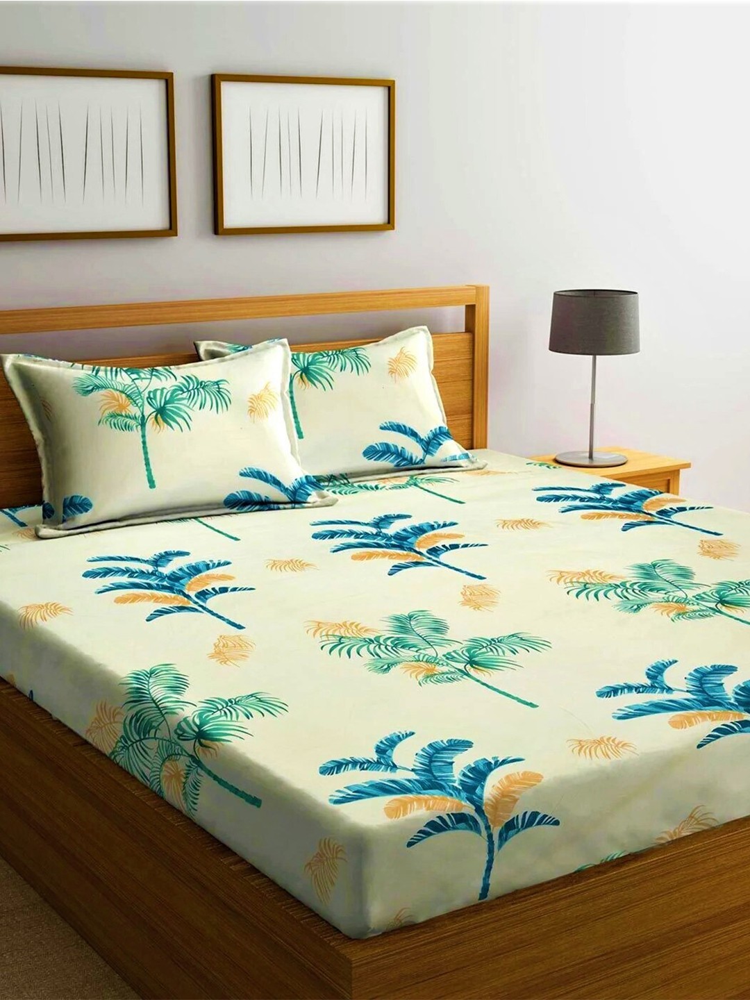 

Home Sizzler Blue & Off white Tropical Printed 144 TC 1 Queen Bedsheet with 2 Pillow Cover