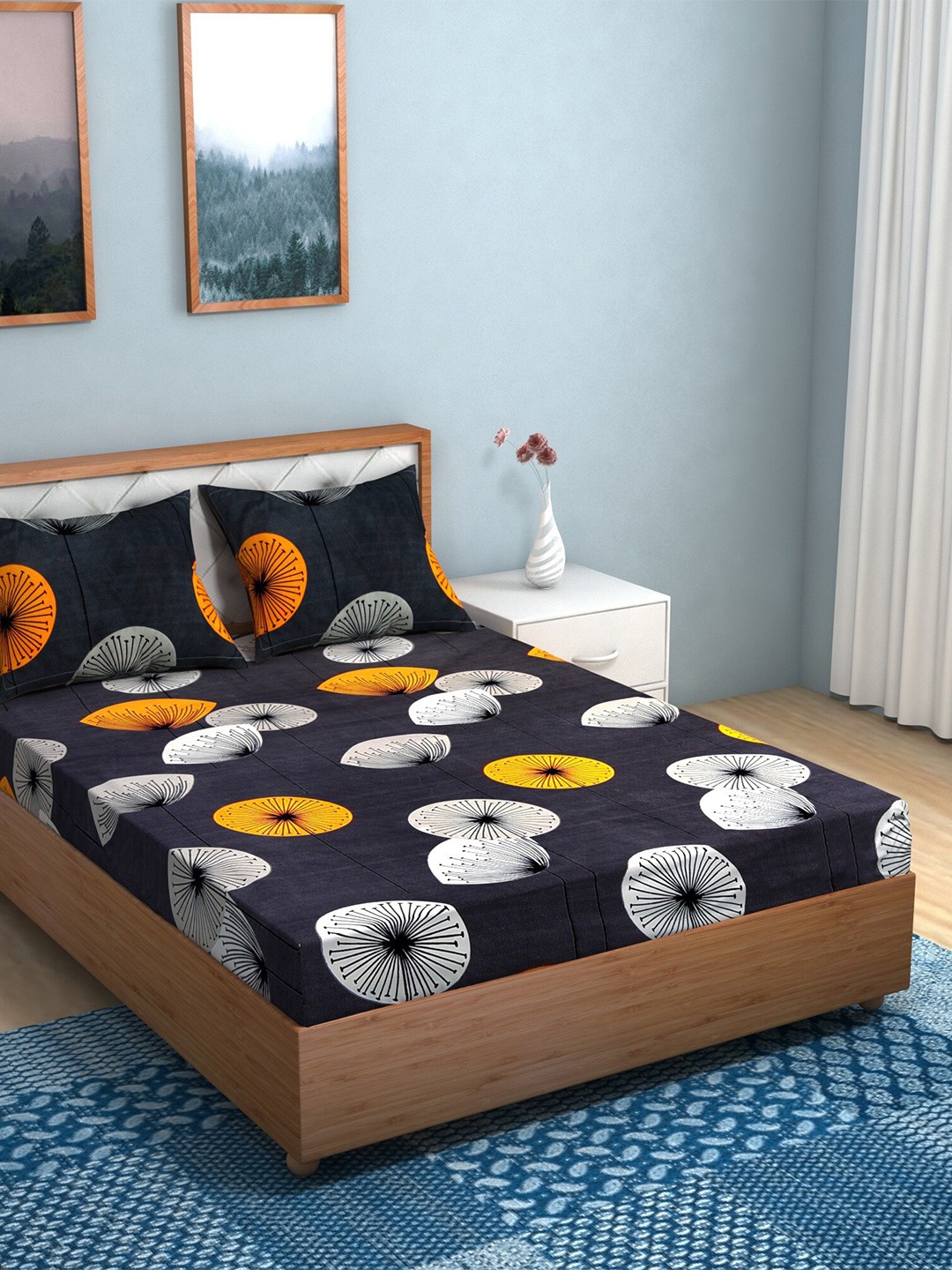 

TAG 7 Grey & Yellow Floral Printed Cotton 144 TC King Bedsheet with 2 Pillow Covers