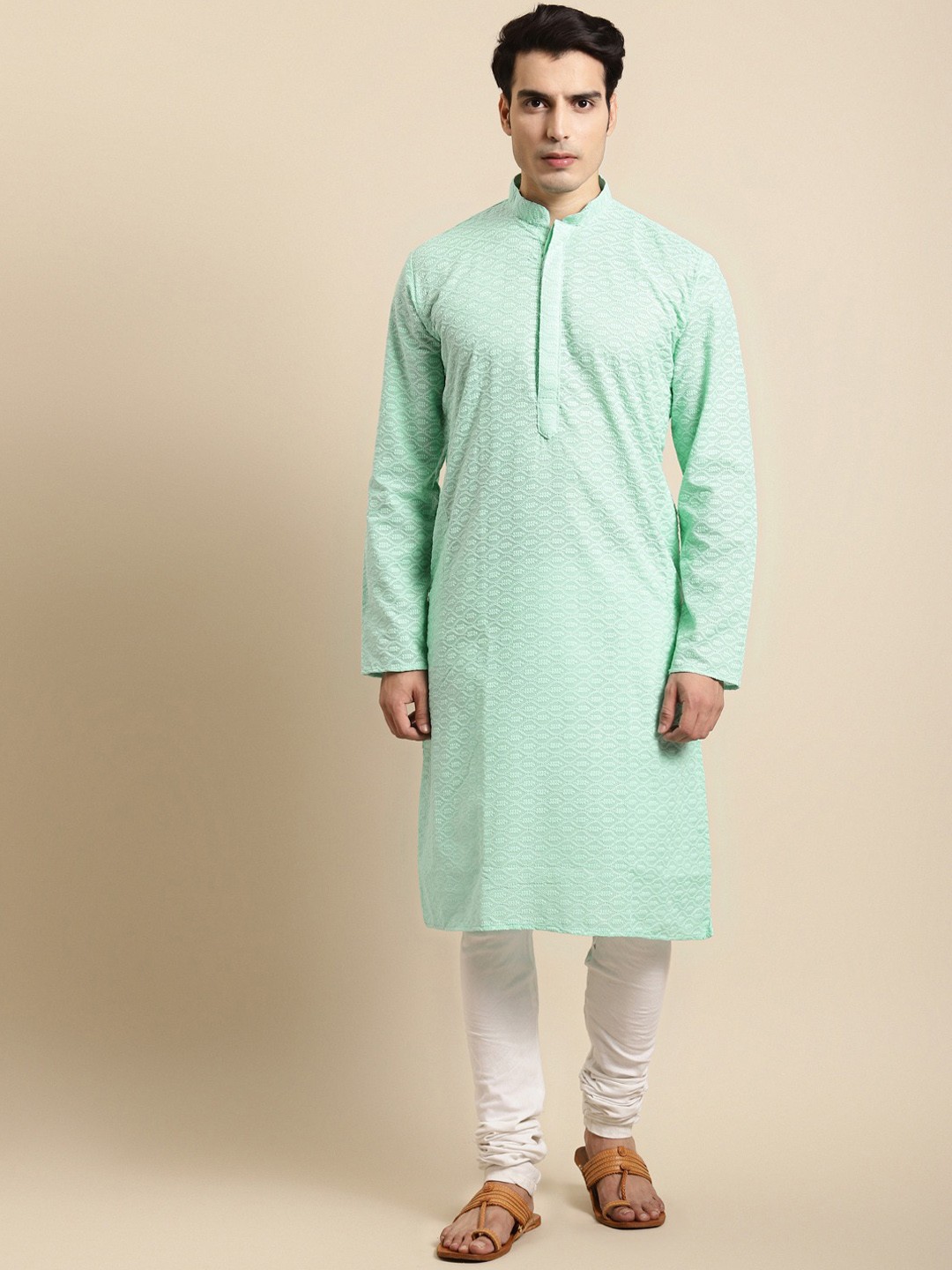 

RAJUBHAI HARGOVINDAS Men Blue Regular Chikankari Pure Cotton Kurta with Pyjamas