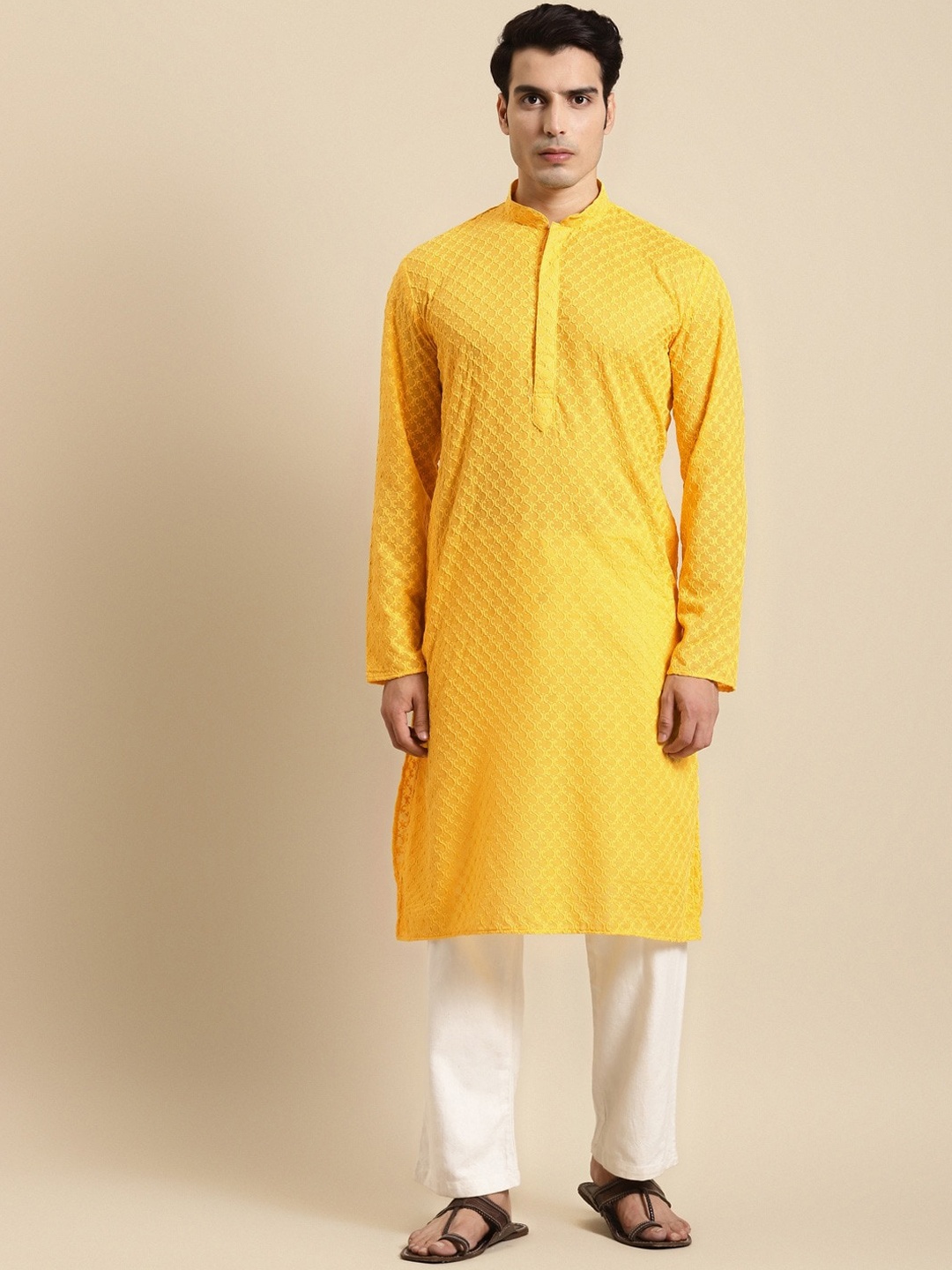 

RAJUBHAI HARGOVINDAS Men Yellow Regular Pure Cotton Kurta with Pyjamas
