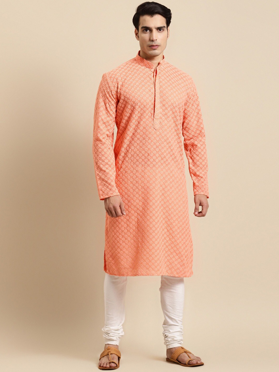 

RAJUBHAI HARGOVINDAS Men Peach-Coloured Regular Pure Cotton Kurta with Pyjamas