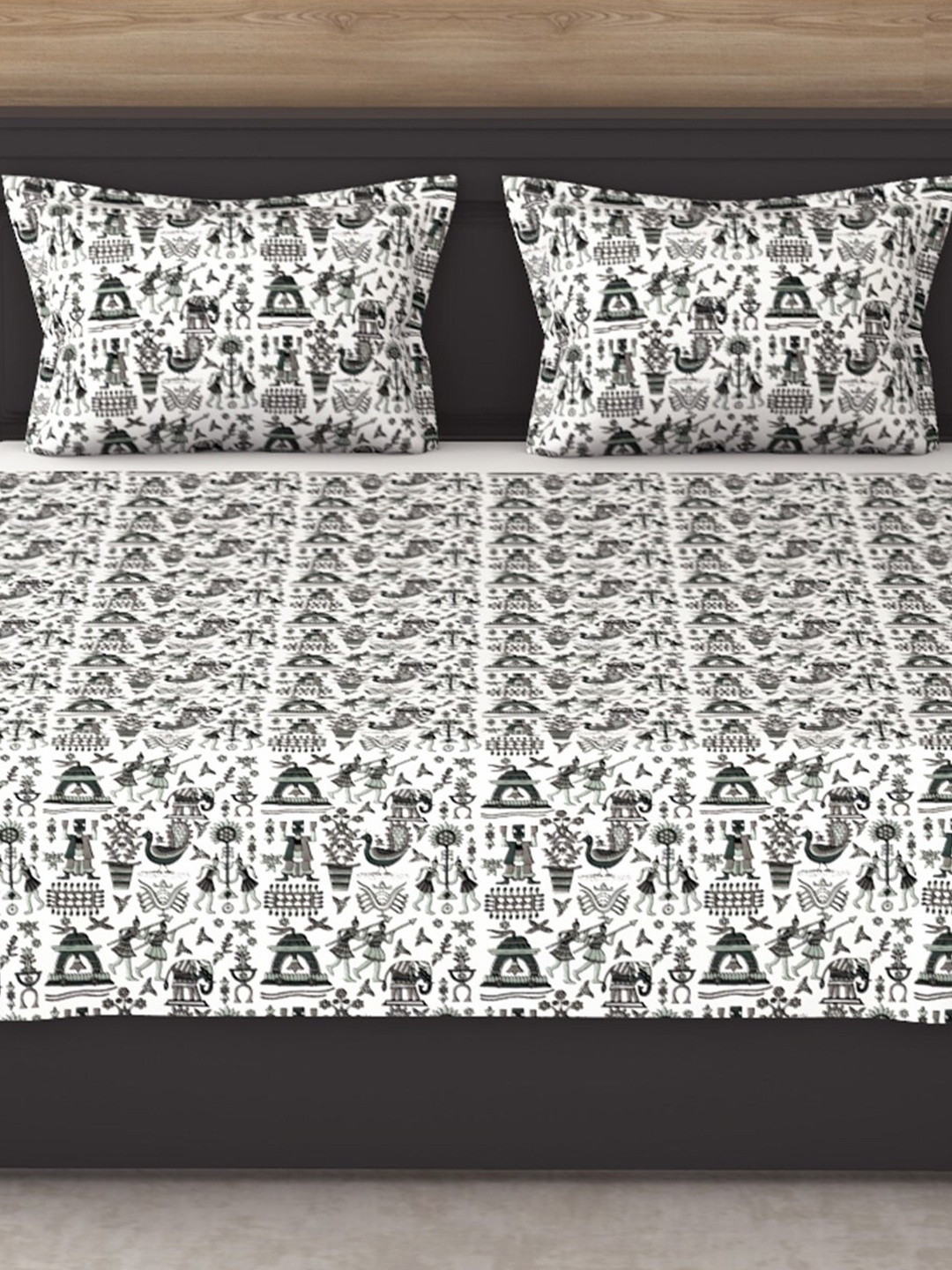 

Varde White & Black Floral 120 TC King Bedsheet with 2 Pillow Covers