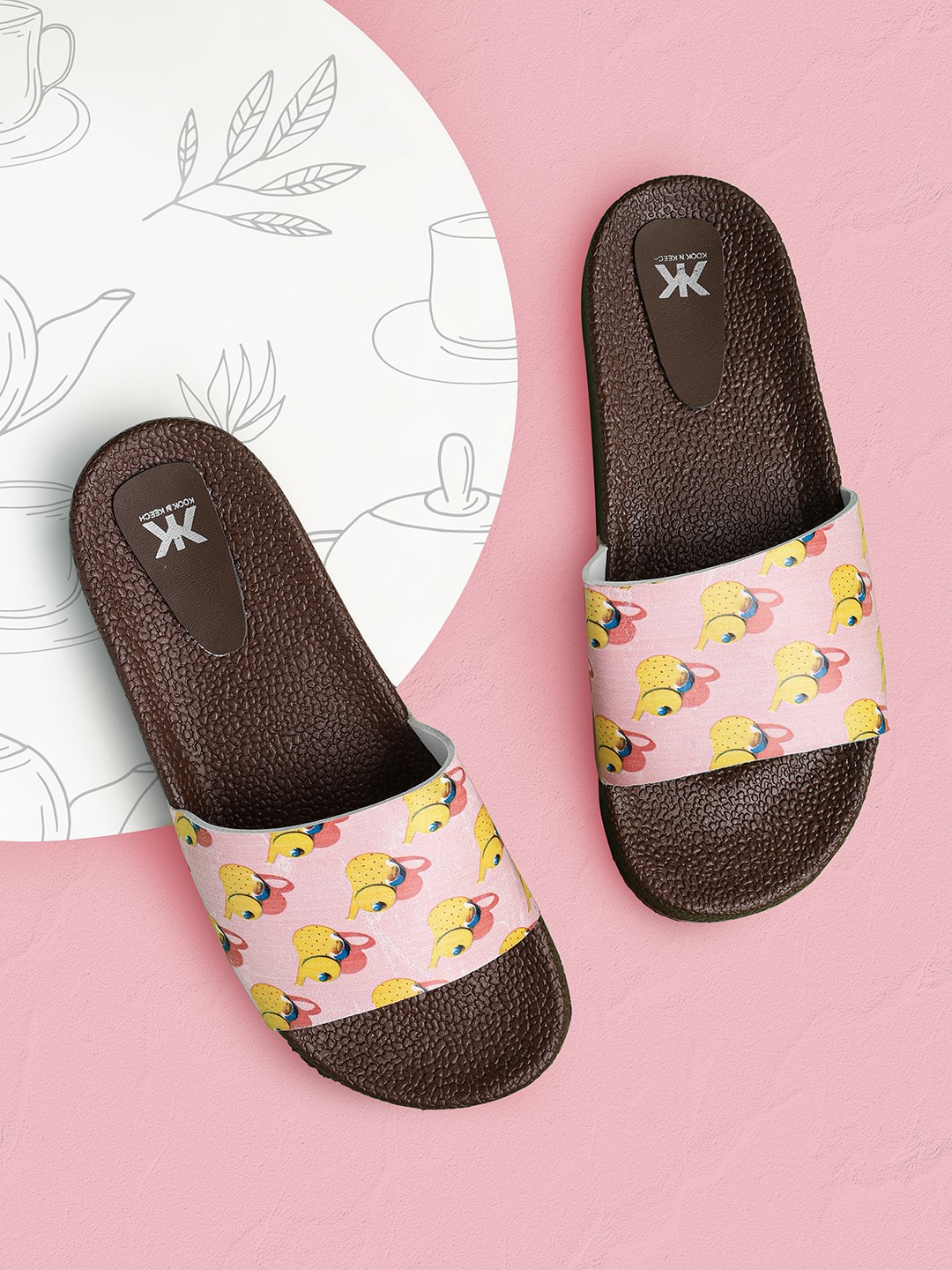

Kook N Keech Women Pink & Brown Teapot Print Sliders
