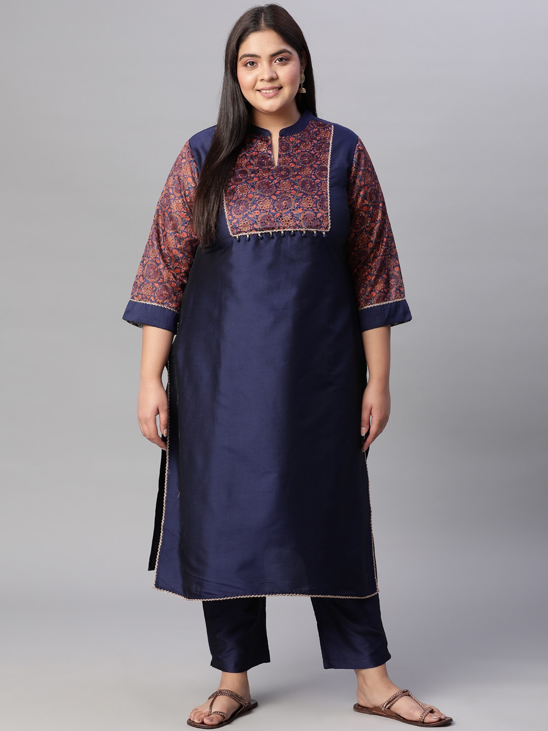 

Jaipur Kurti Plus Size Women Navy Blue Ethnic Motifs Chanderi Straight Kurta with Trousers