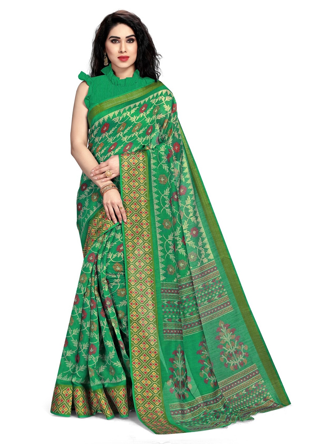 

KALINI Green & Beige Floral Zari Bagh Saree
