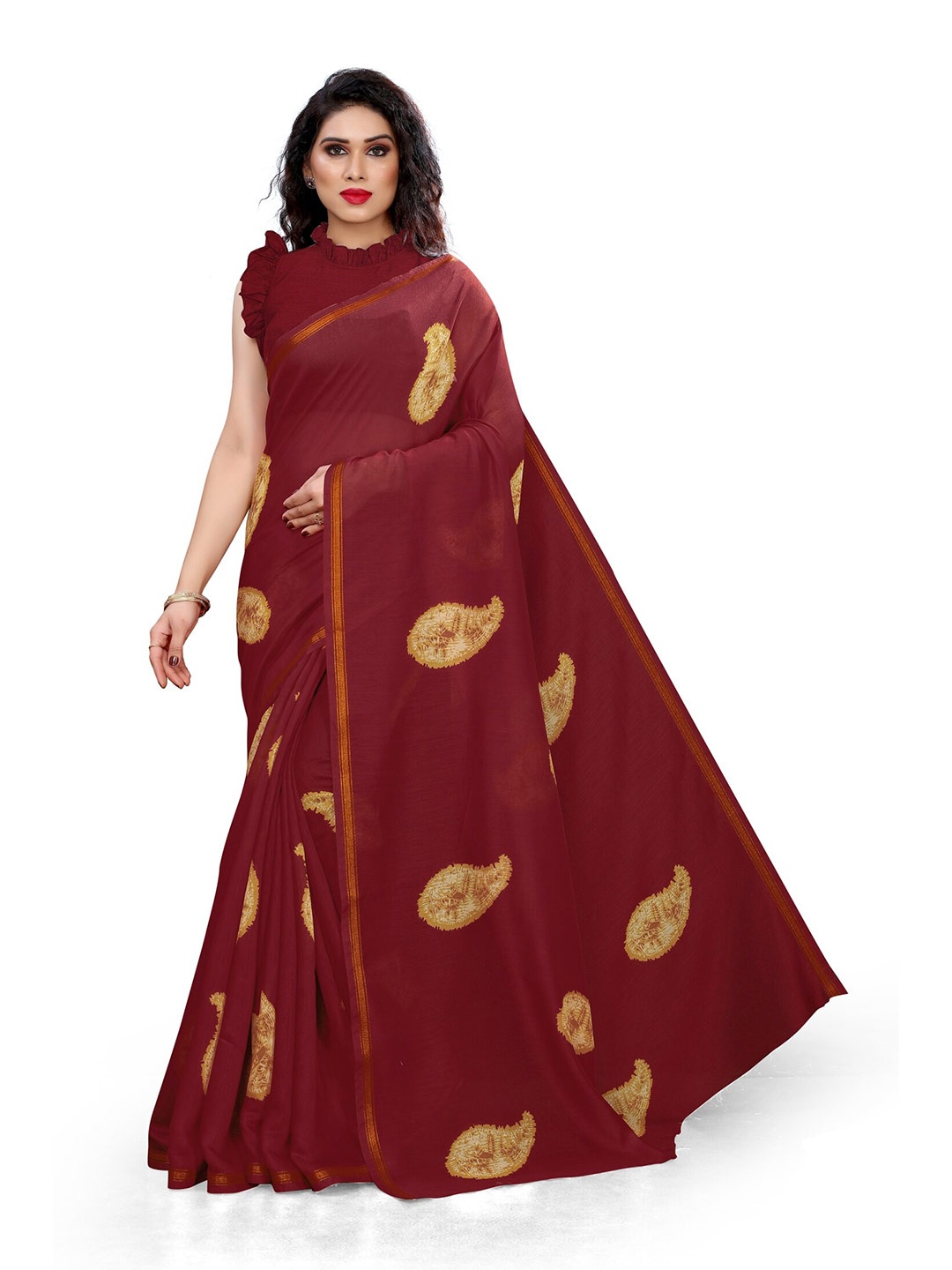 

KALINI Maroon & Yellow Zari Printed Saree