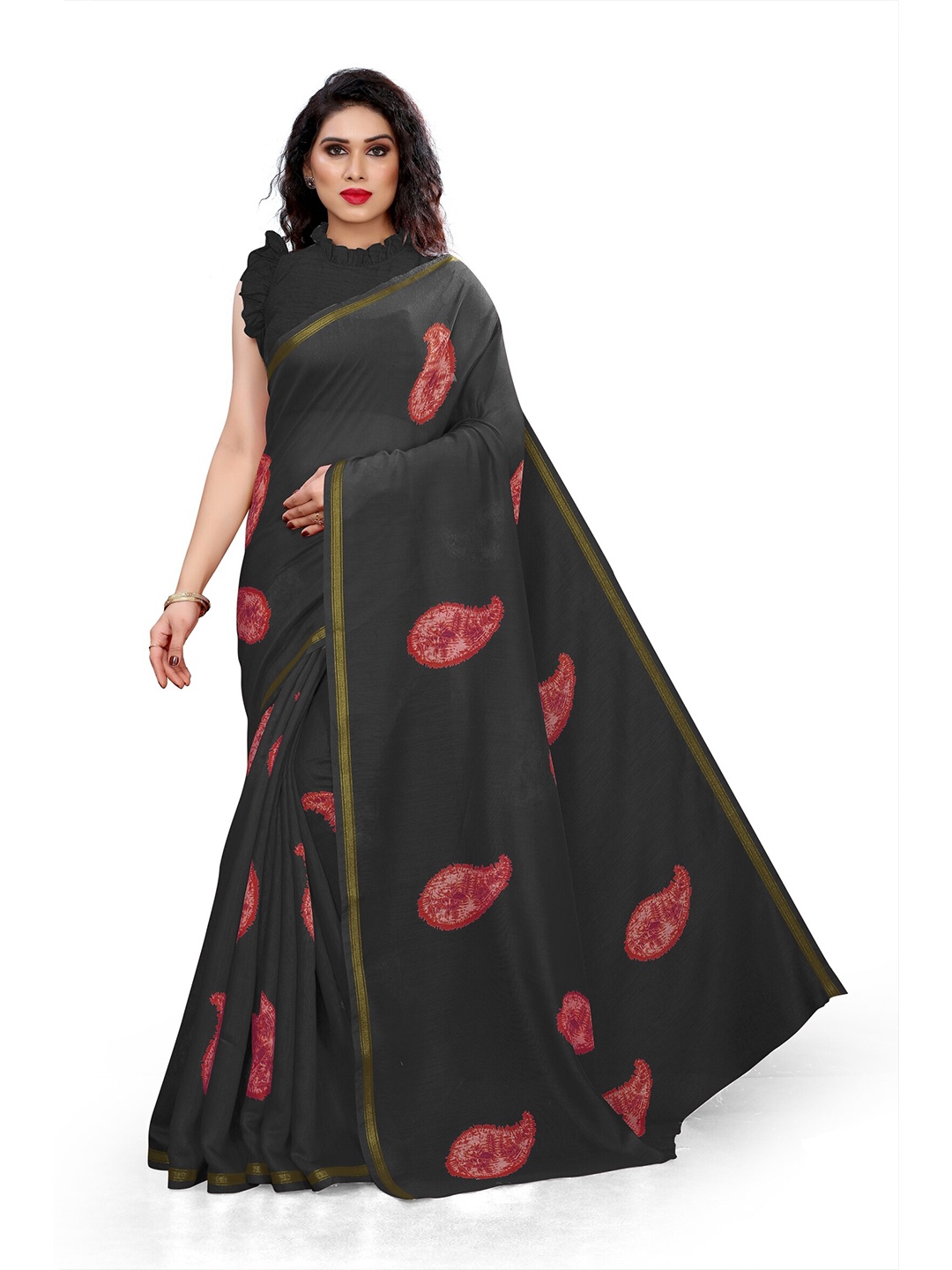 

KALINI Black & Red Ethnic Motifs Zari Saree