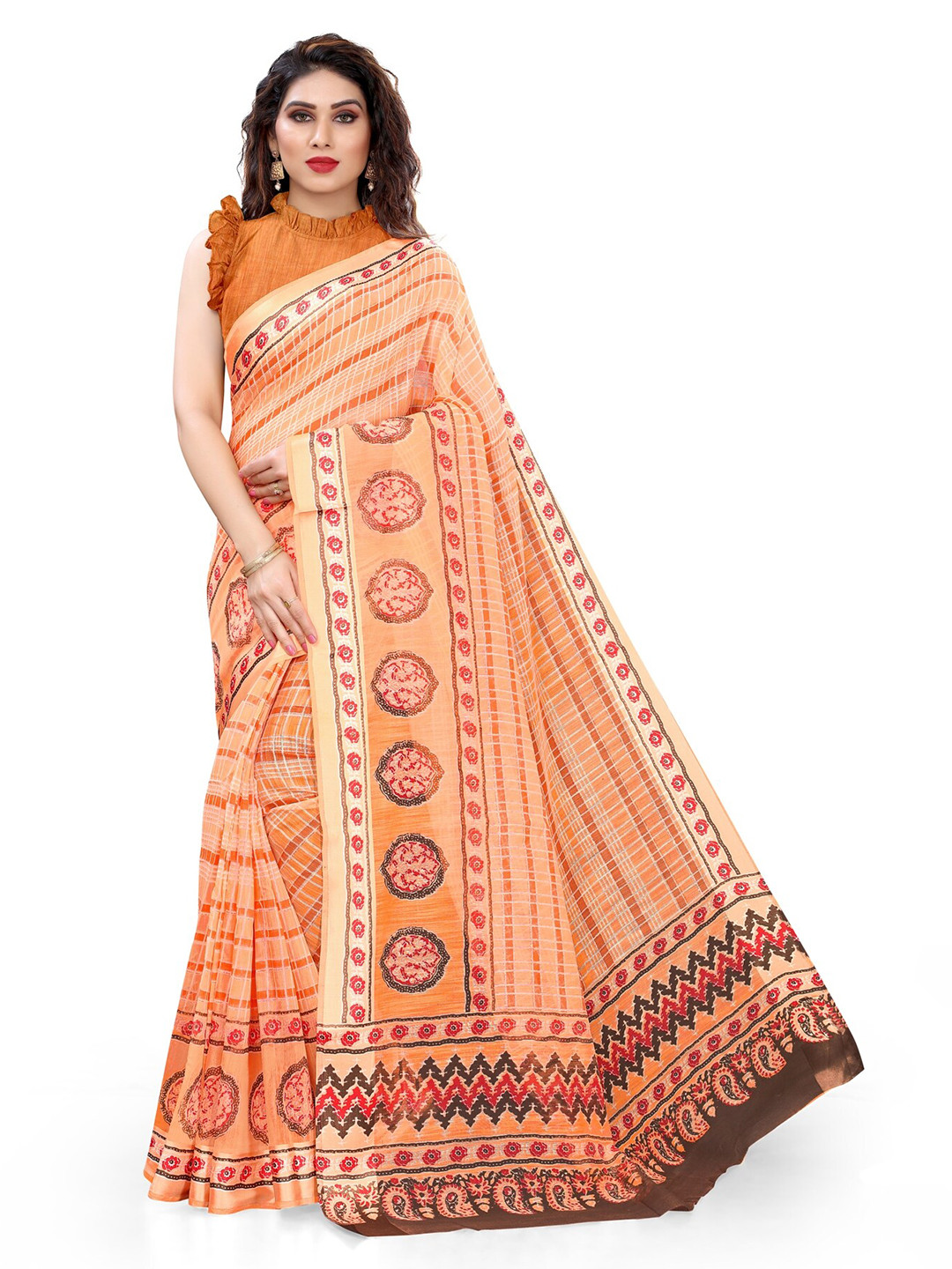 

KALINI Orange & Red Printed Saree