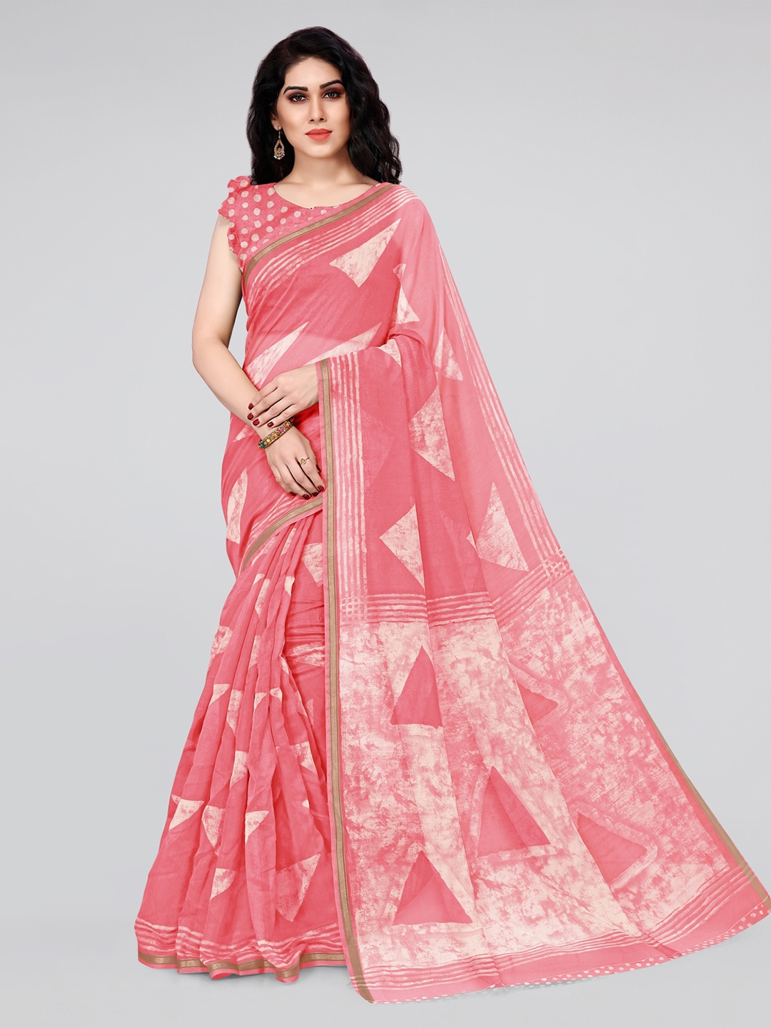 

KALINI Peach-Coloured & White Zari Saree