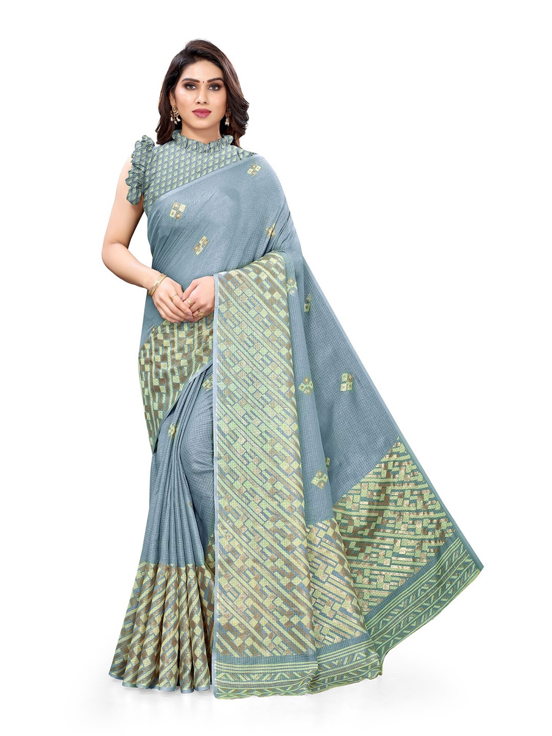 

KALINI Grey & Green Supernet Saree