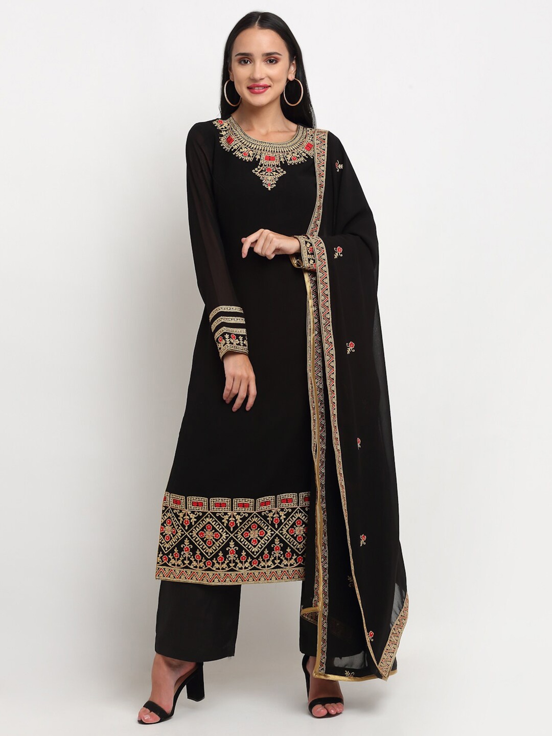 

Stylee LIFESTYLE Women Black & Gold-Toned Embroidered Unstitched Dress Material