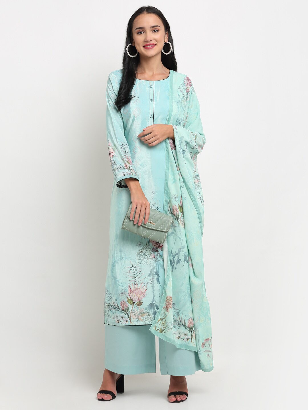 

Stylee LIFESTYLE Women Green & Pink Printed Velvet Unstitched Dress Material
