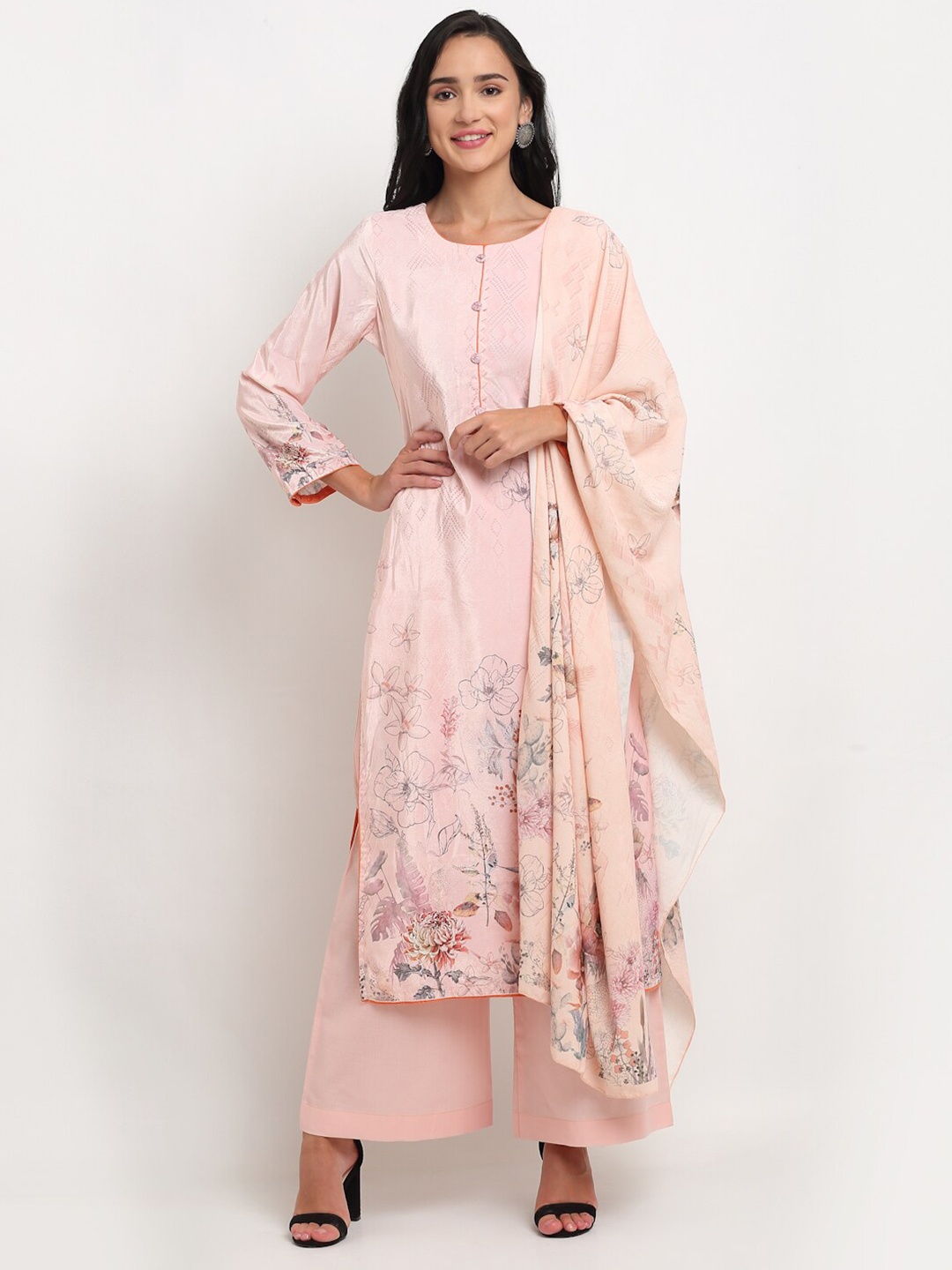 

Stylee LIFESTYLE Women Peach-Coloured Printed Velvet Unstitched Dress Material