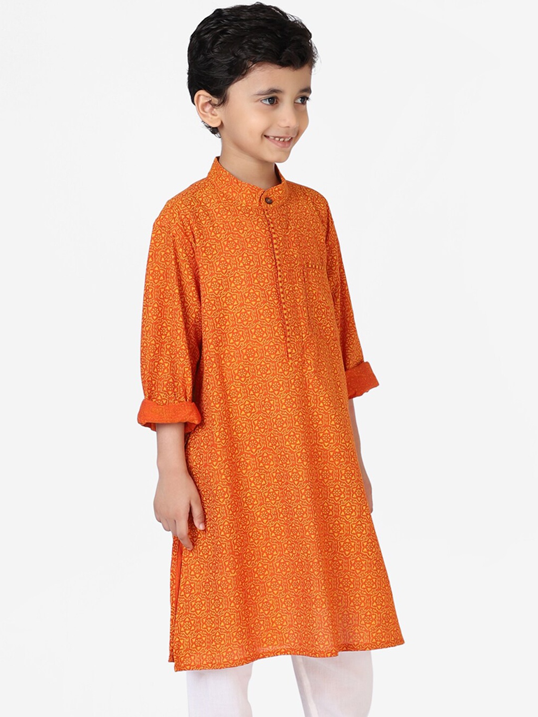 

Fabindia Boys Rust Orange Floral Cotton Printed Kurta