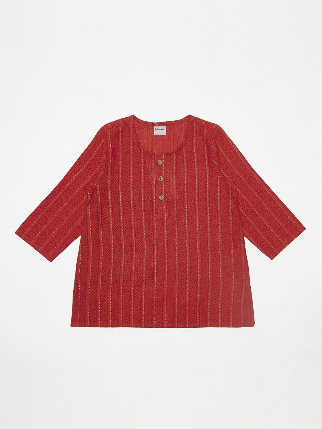 

Fabindia Boys Orange Striped Cotton Thread Work Kurta