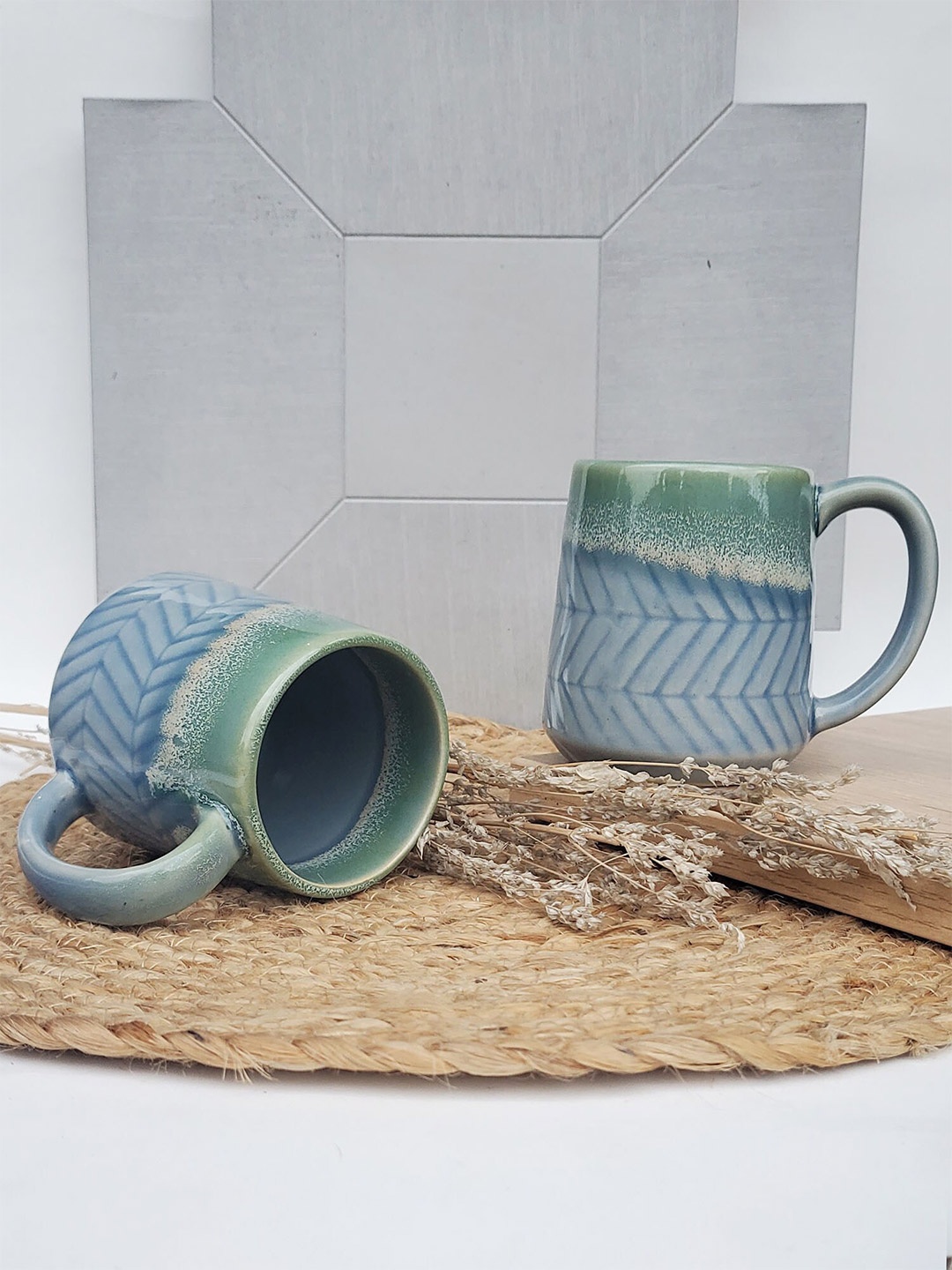 

Folkstorys Set-2 Blue & Green Textured Ceramic Glossy Cups and Mugs