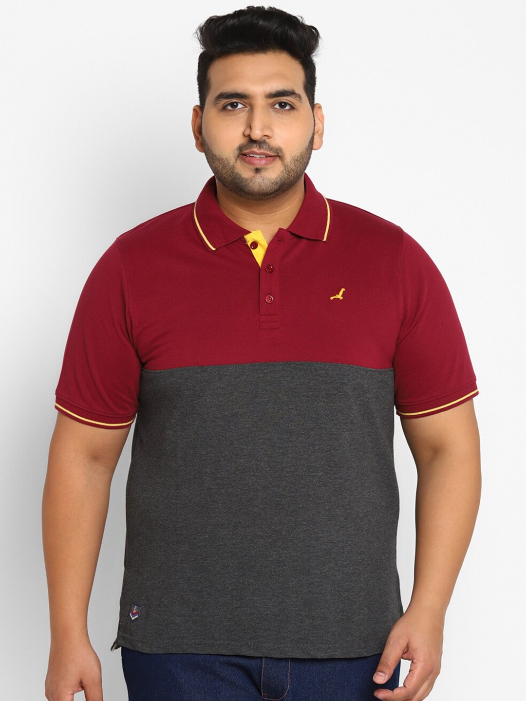 

American Crew Plus Men Burgundy Colourblocked Polo Collar Applique T-shirt