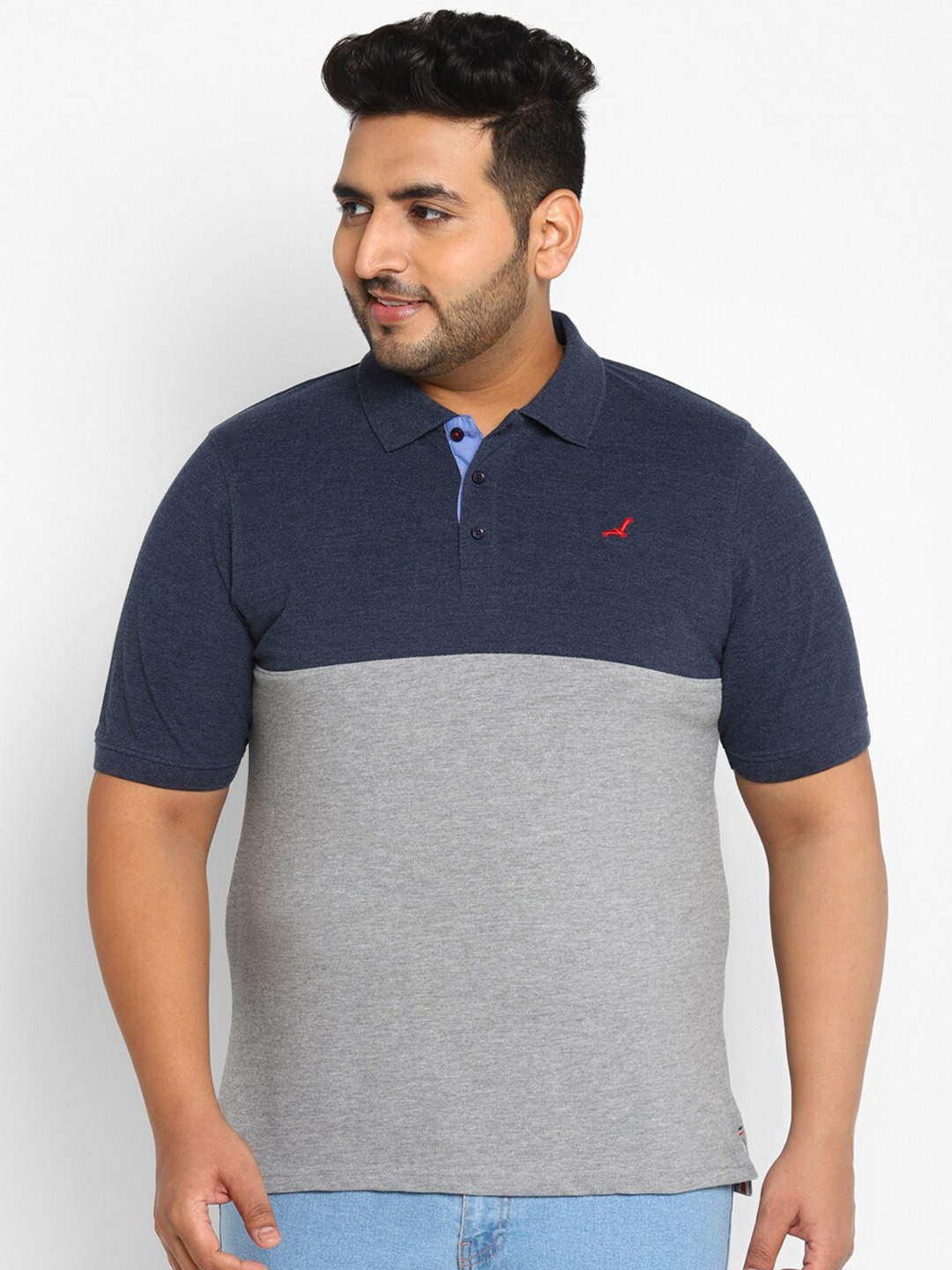 

American Crew Plus Men Grey Melange & Navy Blue Colourblocked Polo Collar T-shirt