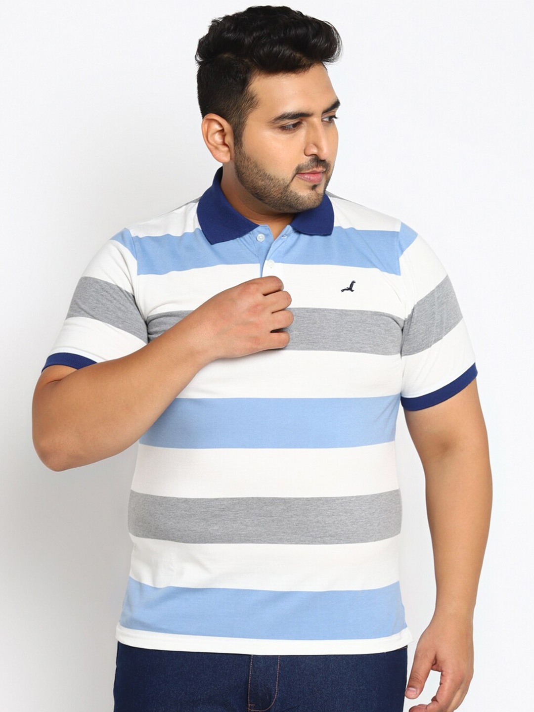 

American Crew Plus Men White Striped Polo Collar Applique T-shirt