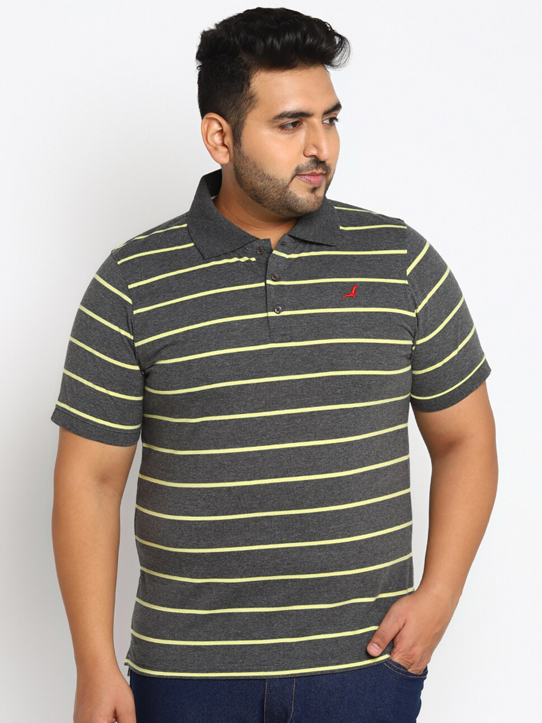 

American Crew Plus Men Grey & Yellow Striped Polo Collar T-Shirt