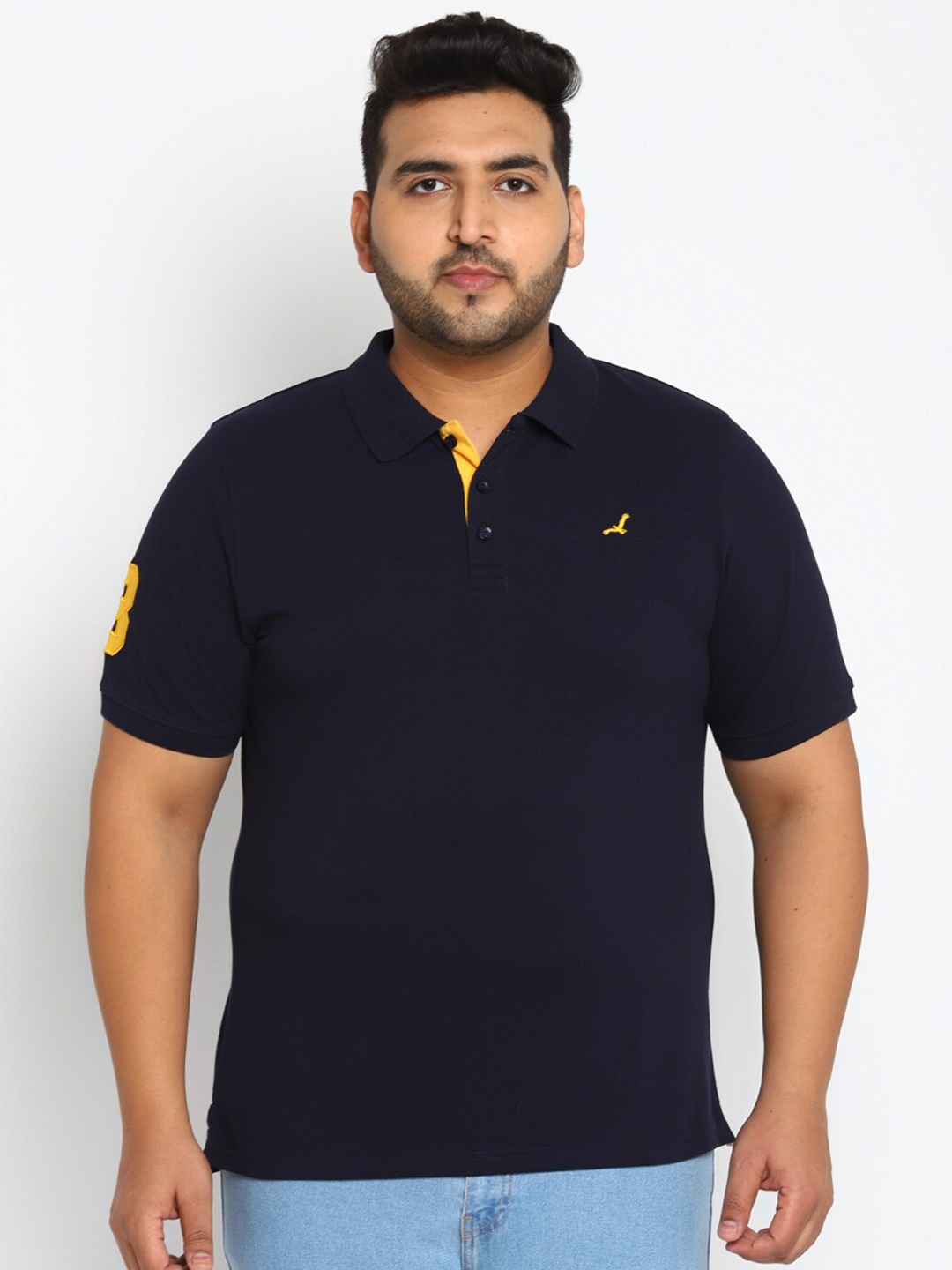 

American Crew Plus Men Navy Blue Polo Collar Applique T-shirt