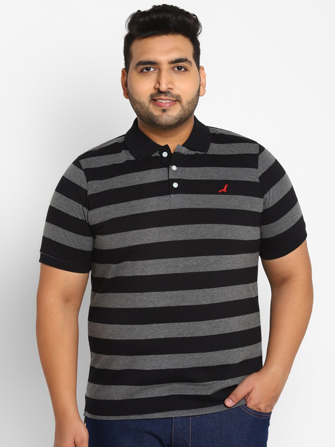 

American Crew Plus Men Black & Grey Striped Polo Collar T-shirt