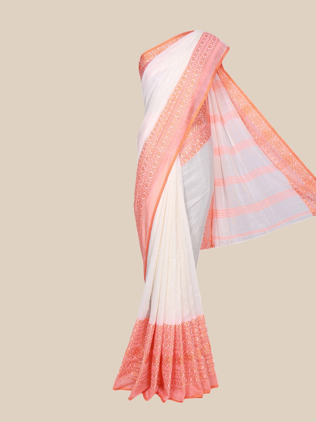 

The Chennai Silks Off White & Orange Woven Design Pure Cotton Saree