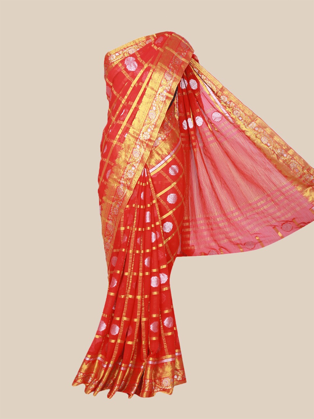 

The Chennai Silks Red & Gold-Toned Woven Design Fusion Saree