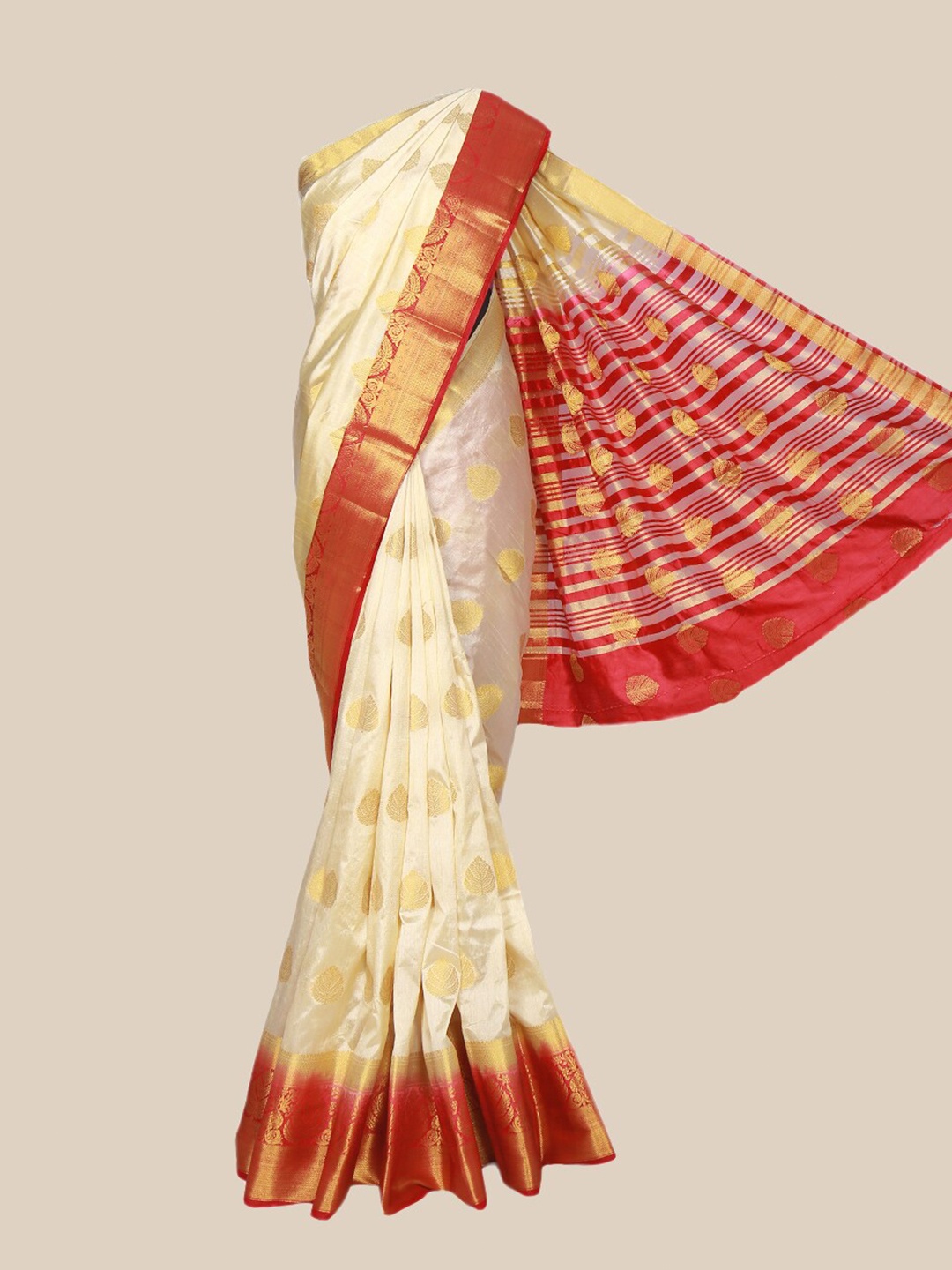 

The Chennai Silks Cream-Coloured & Red Woven Design Jute Cotton Fusion Saree