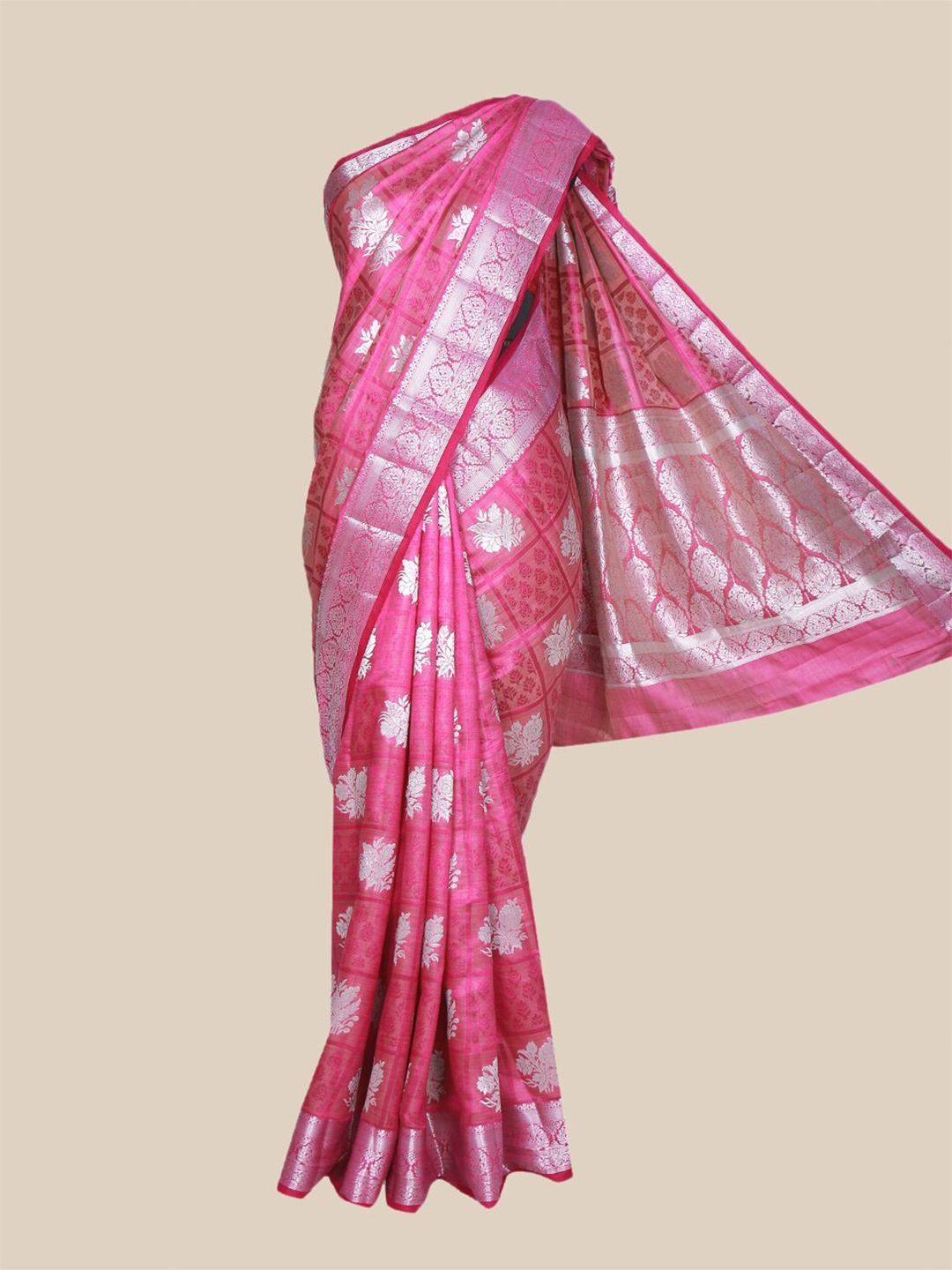 

The Chennai Silks Purple & Silver-Toned Woven Design Zari Jute Cotton Fusion Saree