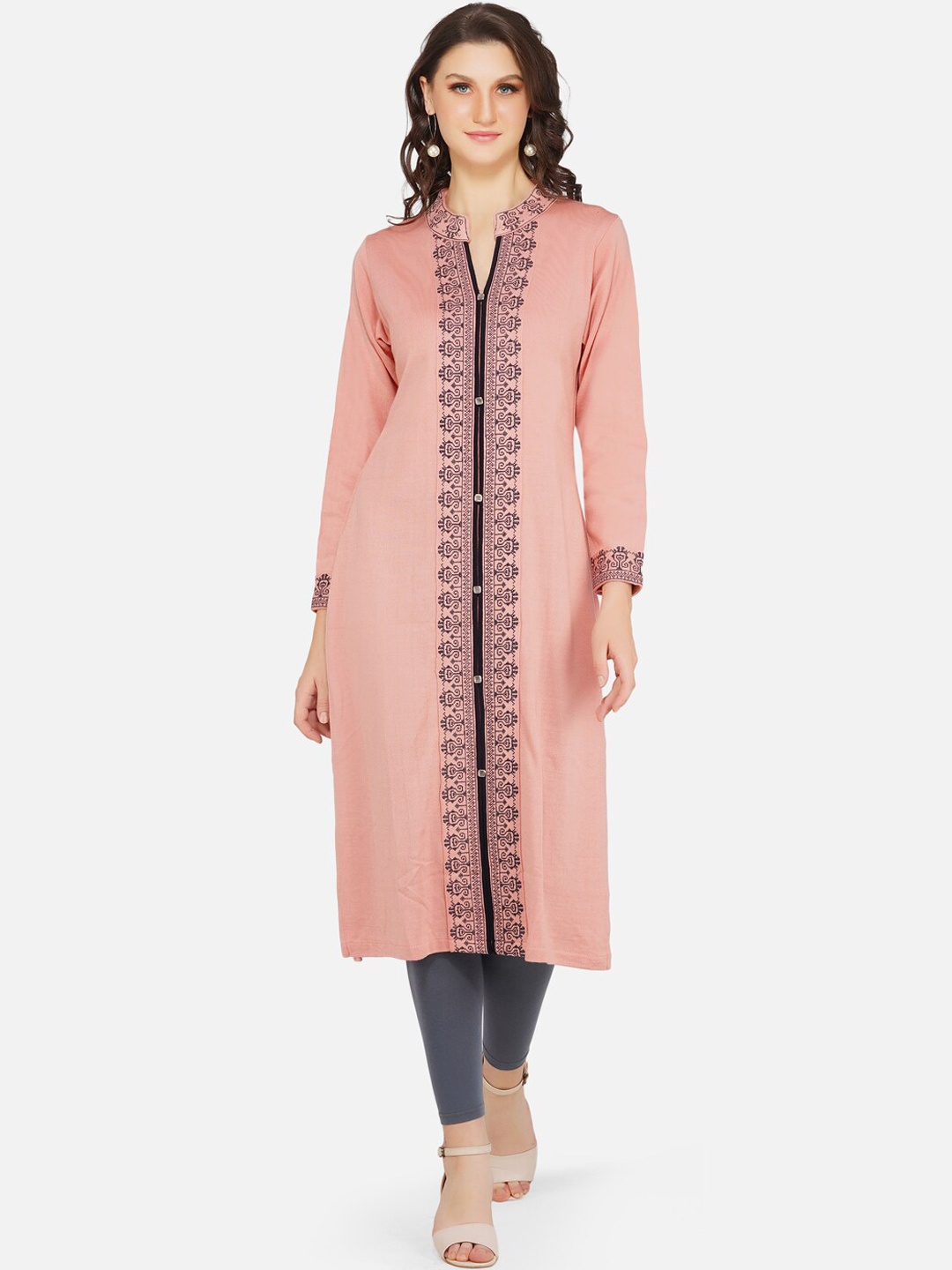 

FABNEST Women Pink & Black Ethnic Motifs Yoke Design Thread Work Kurta