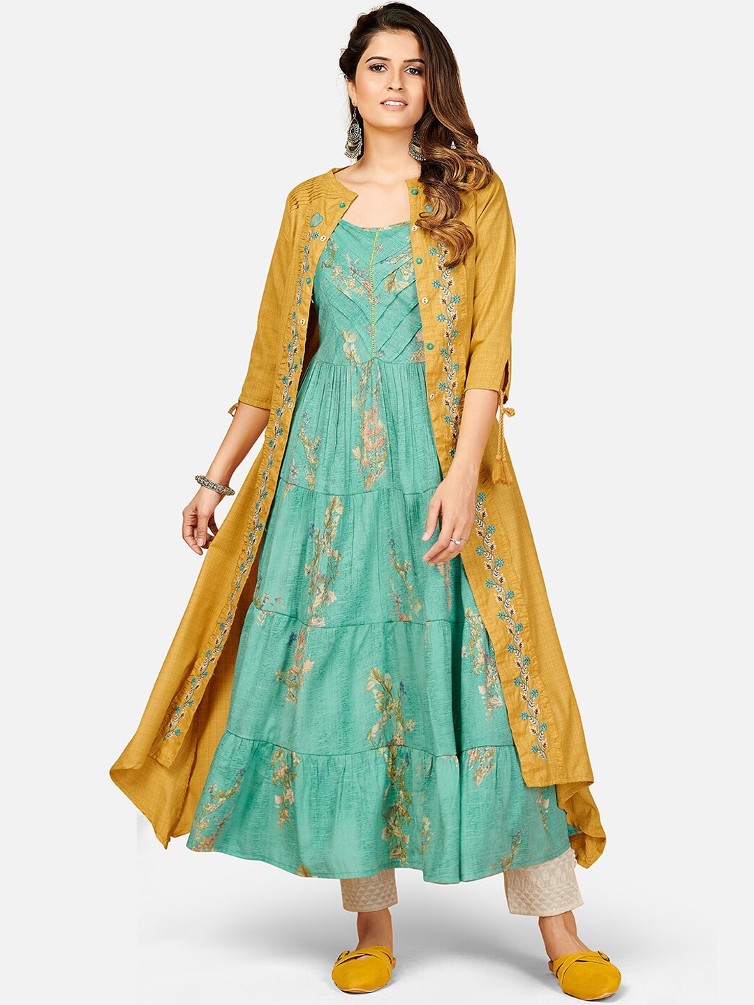 

Vbuyz Women Mustard Printed & Embroidered Anarkali Stiched Kurta with Shrug, Sea green