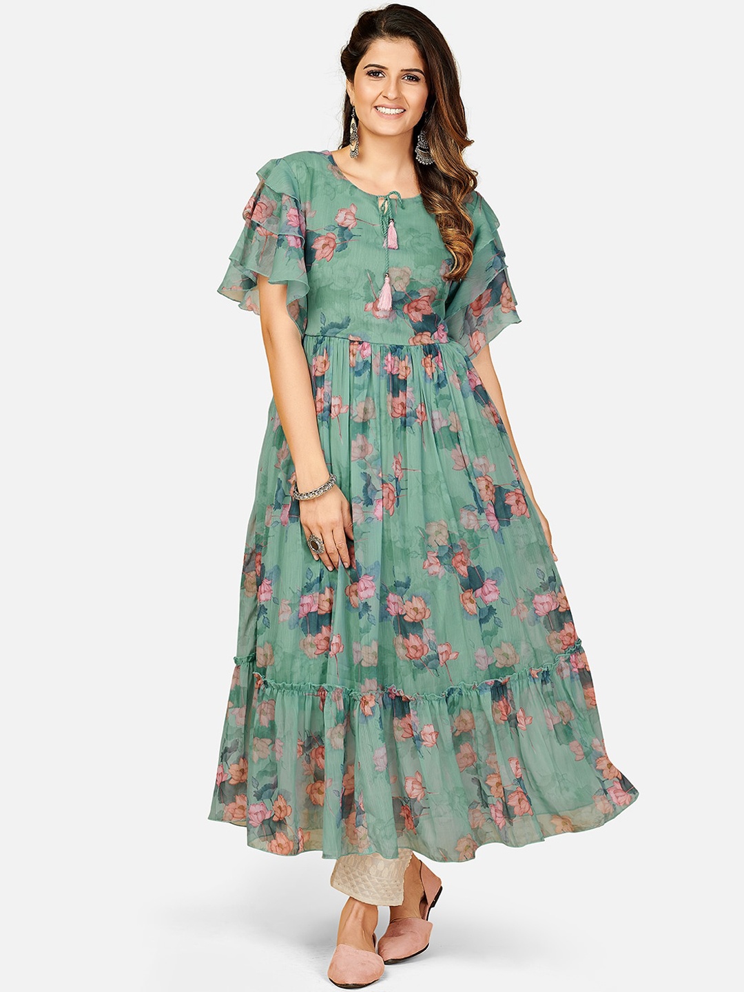 

Vbuyz Women Green & Pink Floral Printed Keyhole Neck Bell Sleeves Georgette Anarkali Kurta
