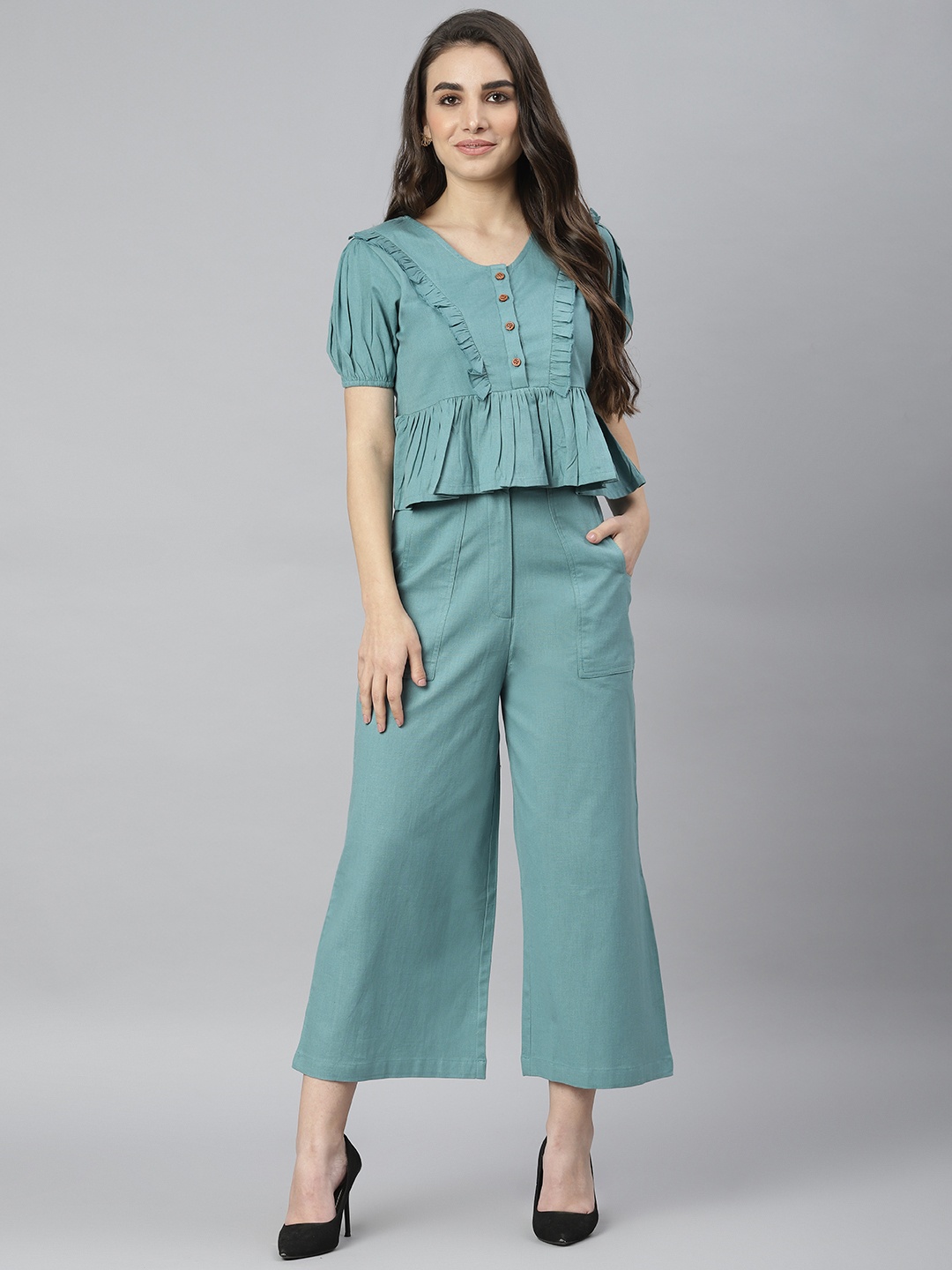 

DEEBACO Women Blue Solid Peplum Crop Top & Trousers