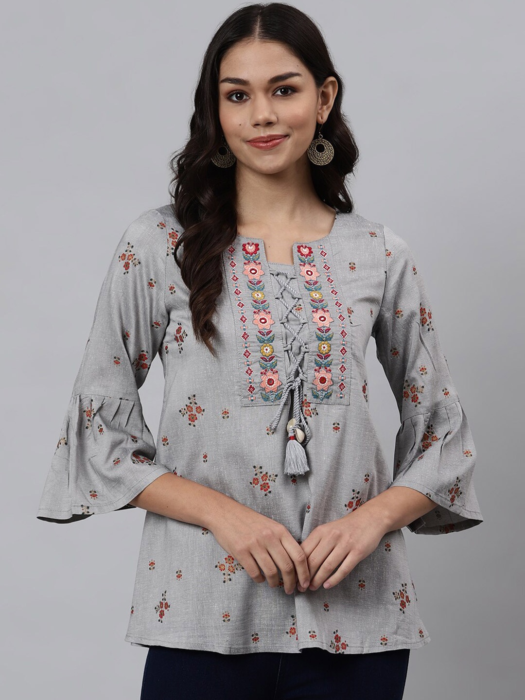 

Os Women Grey Floral Printed & Embroidered A-Line Top